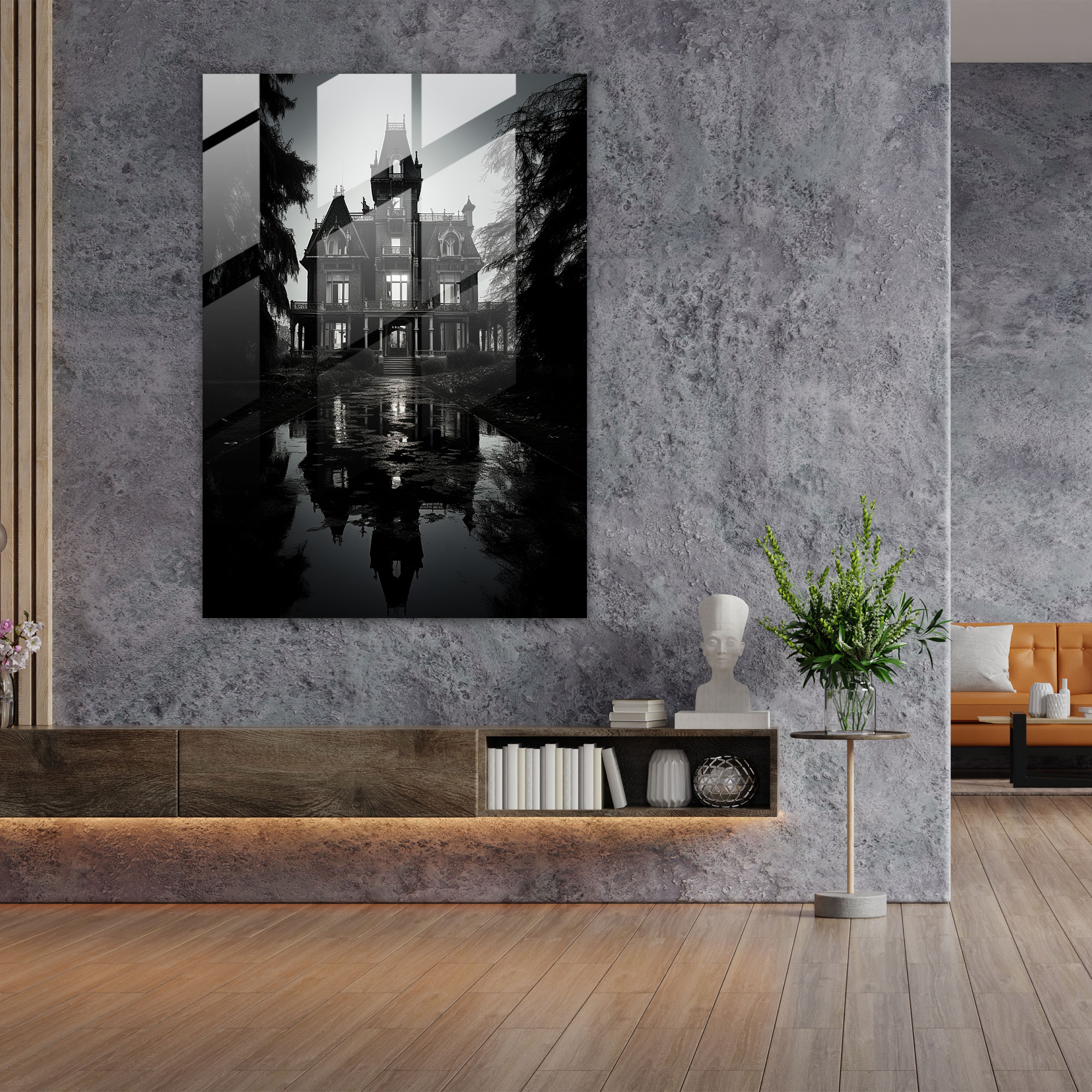Horror Glass Print - Haunted Mansion In Monochrome - Horror, Haunted Mansion, Darkness, Home Decoration