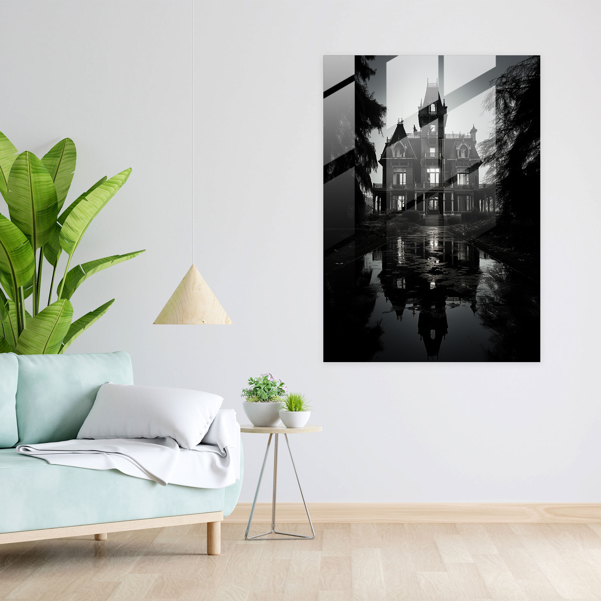 Horror Glass Print - Haunted Mansion In Monochrome - Horror, Haunted Mansion, Darkness, Home Decoration