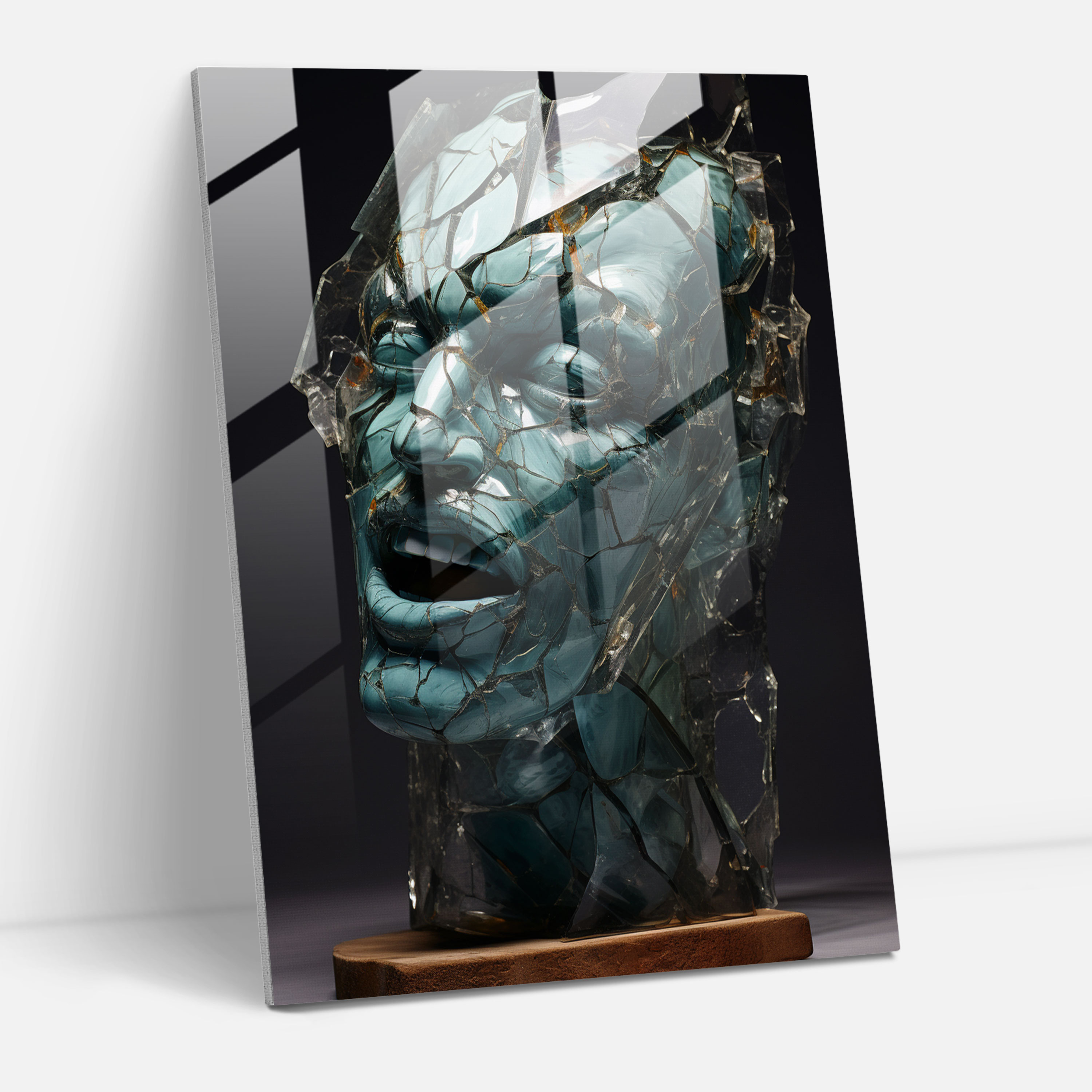 Horror Glass Print - Twisted Face In Shattered Glass - Horror, Shattered Glass, Abstract Sculpture, Glass Wall Art