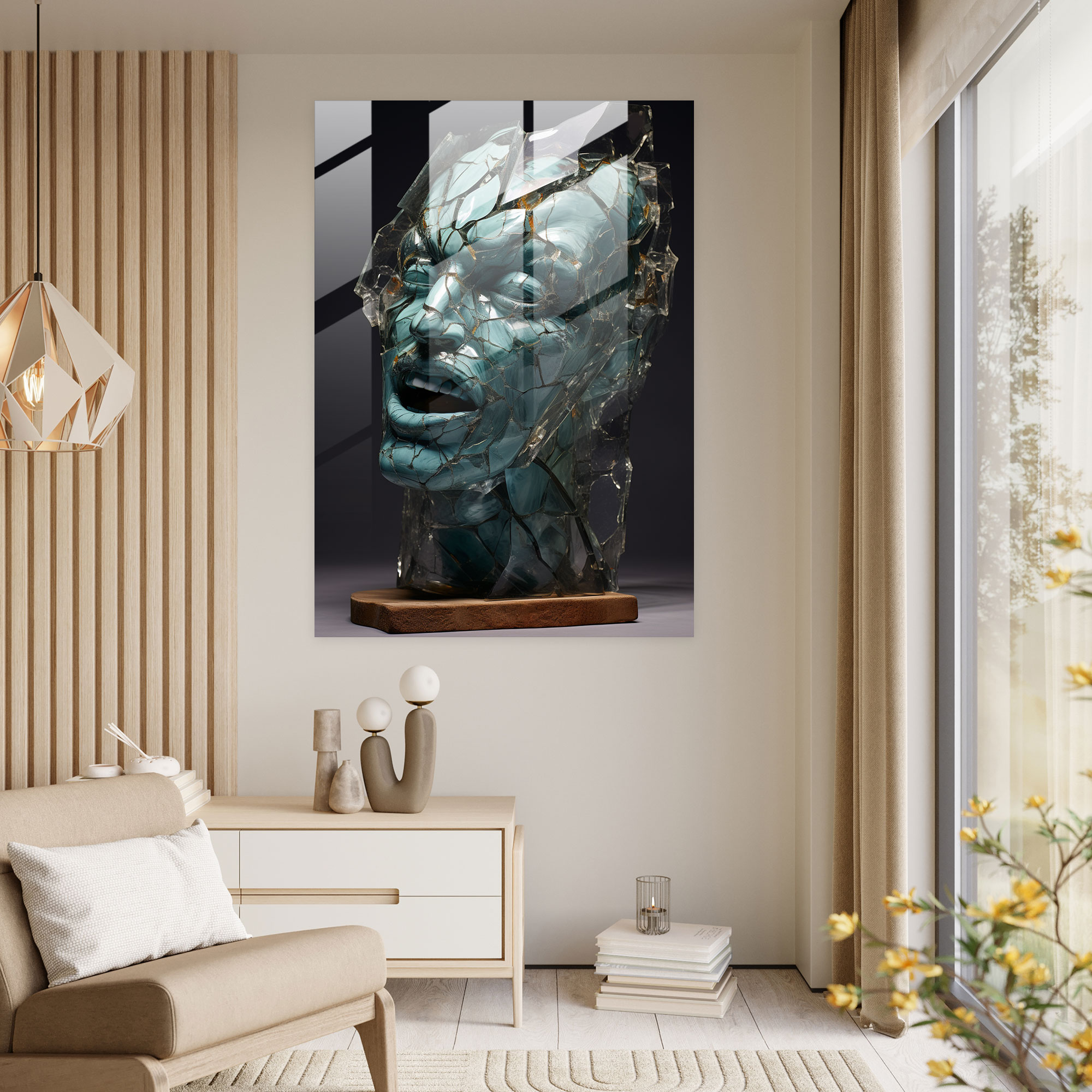 Horror Glass Print - Twisted Face In Shattered Glass - Horror, Shattered Glass, Abstract Sculpture, Glass Wall Art
