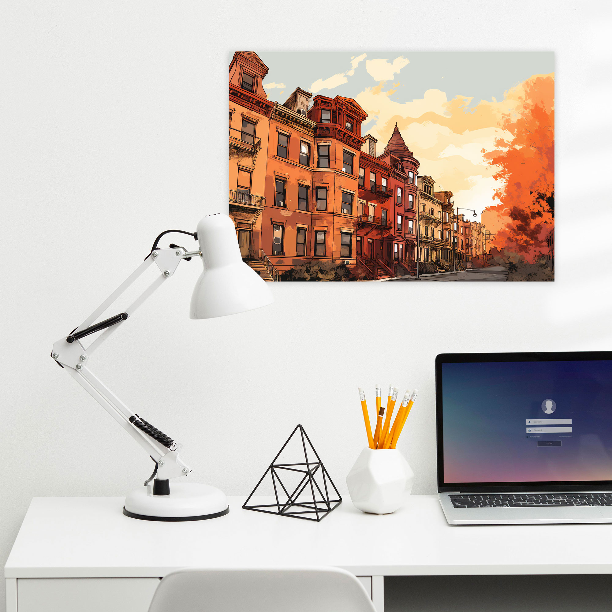 Harlem Wall Decoration - Sketch-Like Brownstone Buildings, Premium Canvas Print - Harlem, Harlem, Home Decoration, Sketch-Like Illustration
