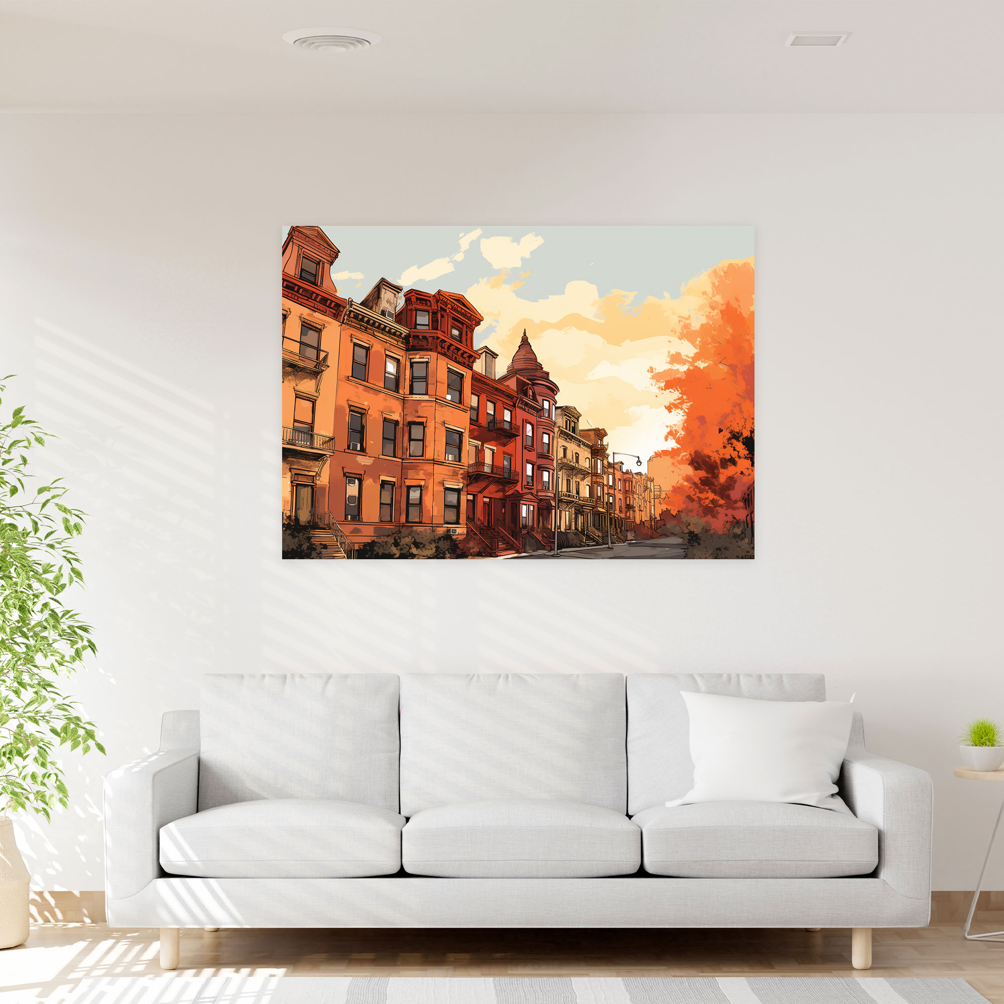 Harlem Wall Decoration - Sketch-Like Brownstone Buildings, Premium Canvas Print - Harlem, Harlem, Home Decoration, Sketch-Like Illustration