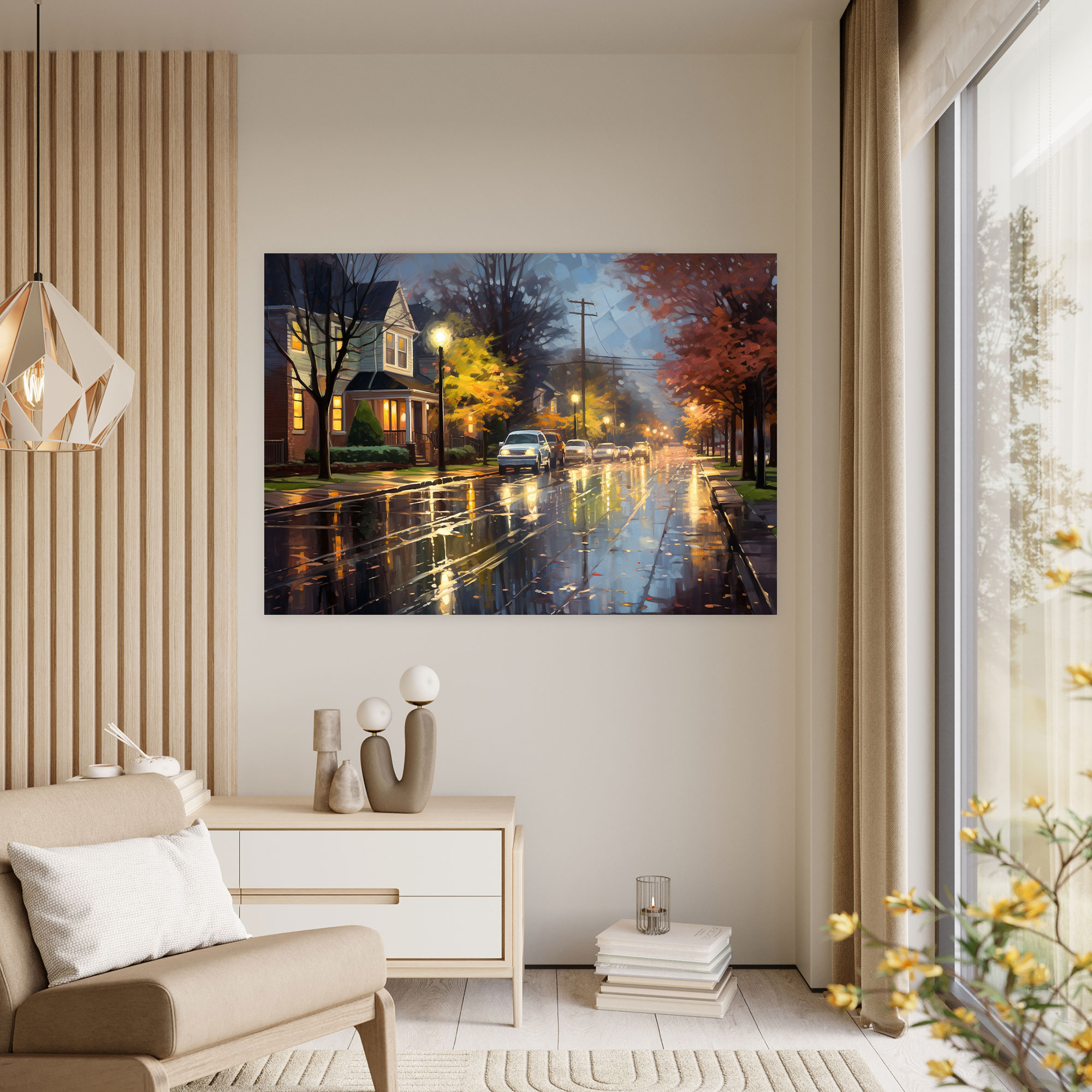 Rainy Suburban Street Canvas Print - Harlem, Wall Decoration, Impressionist Painting, Home Decoration