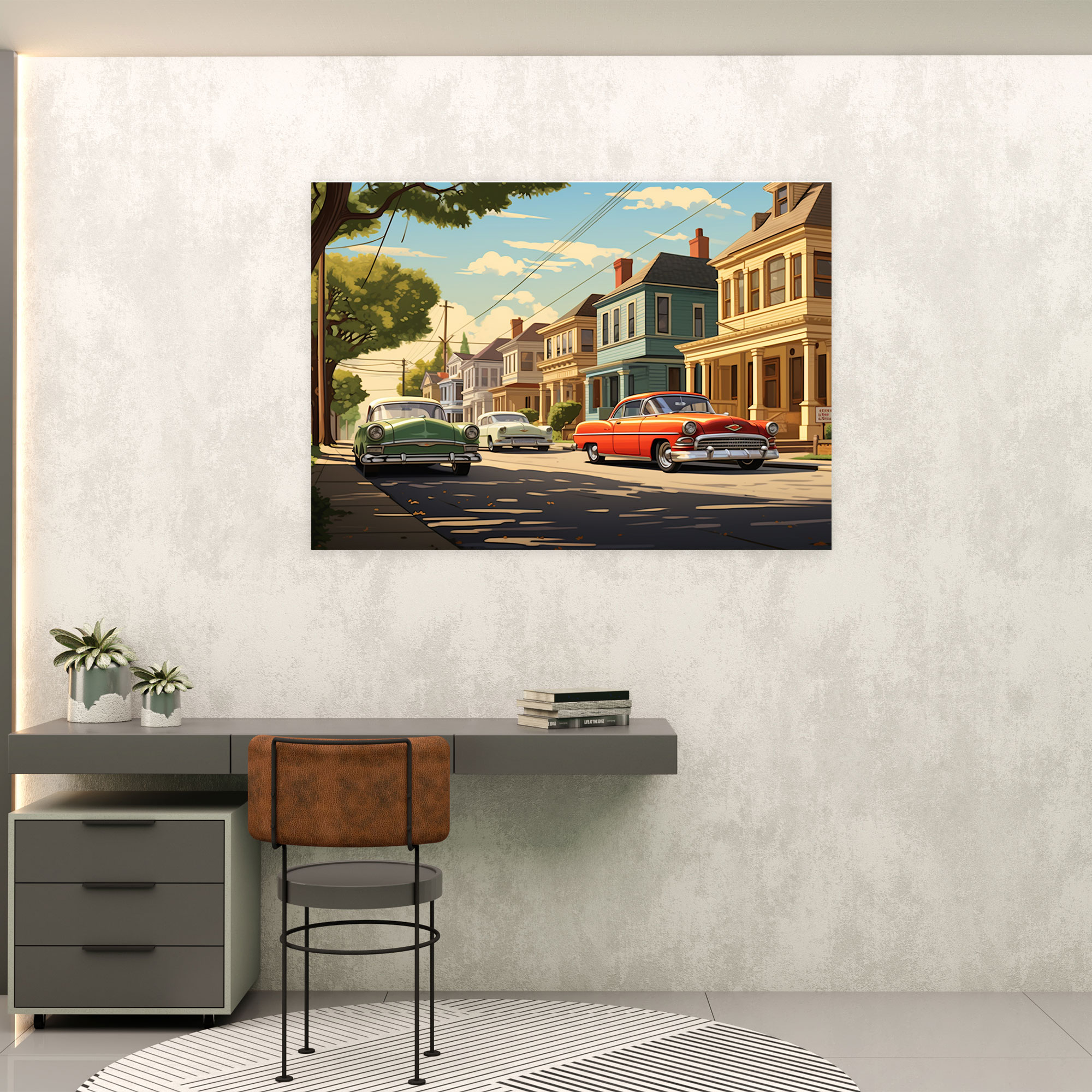 Vintage Suburban Wall Decoration - Harlem, Classic Cars, Retro Illustration, Home Decoration