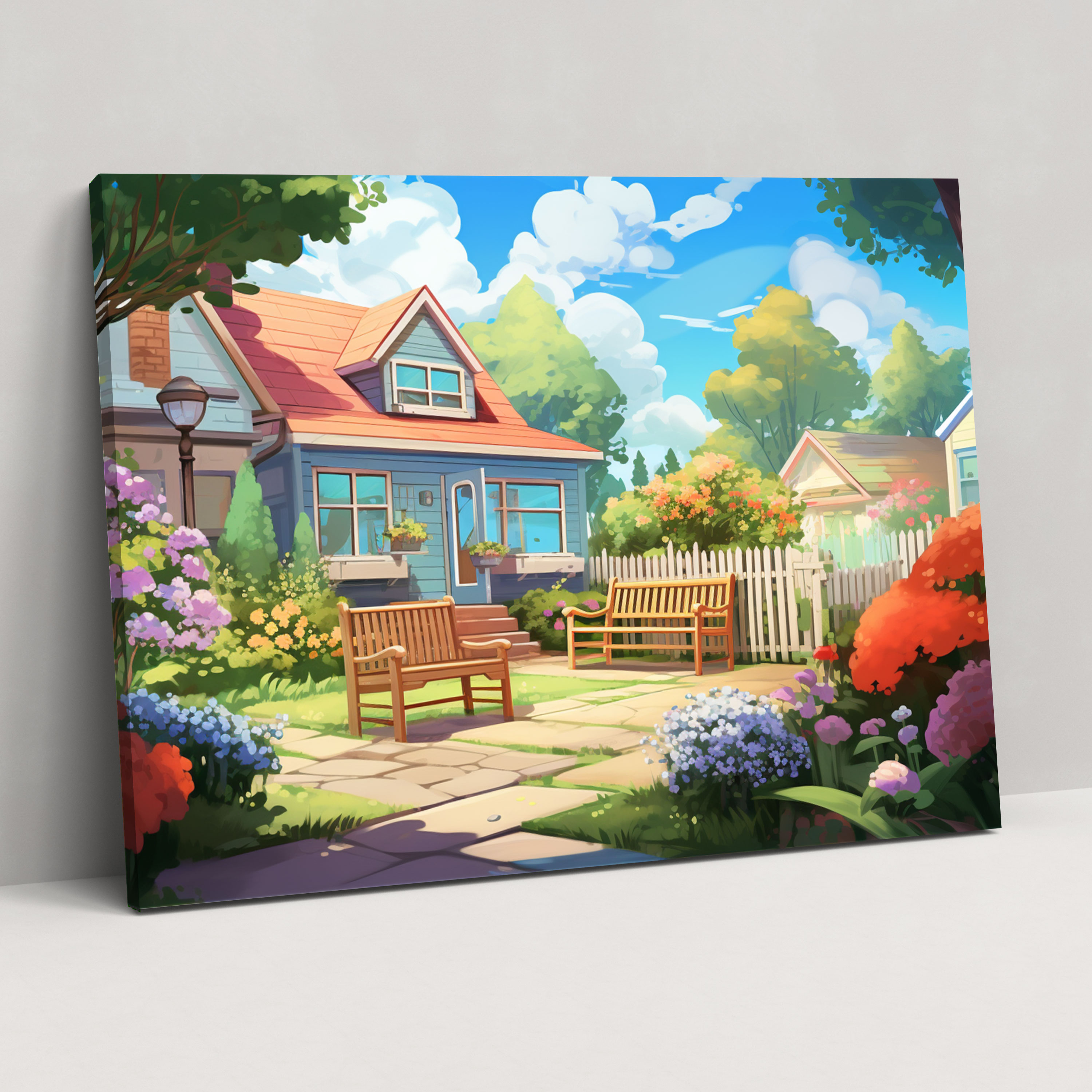 Enchanting Backyard Wall Art - Harlem, Whimsical Digital Illustration, Cozy Cottage, Home Decoration