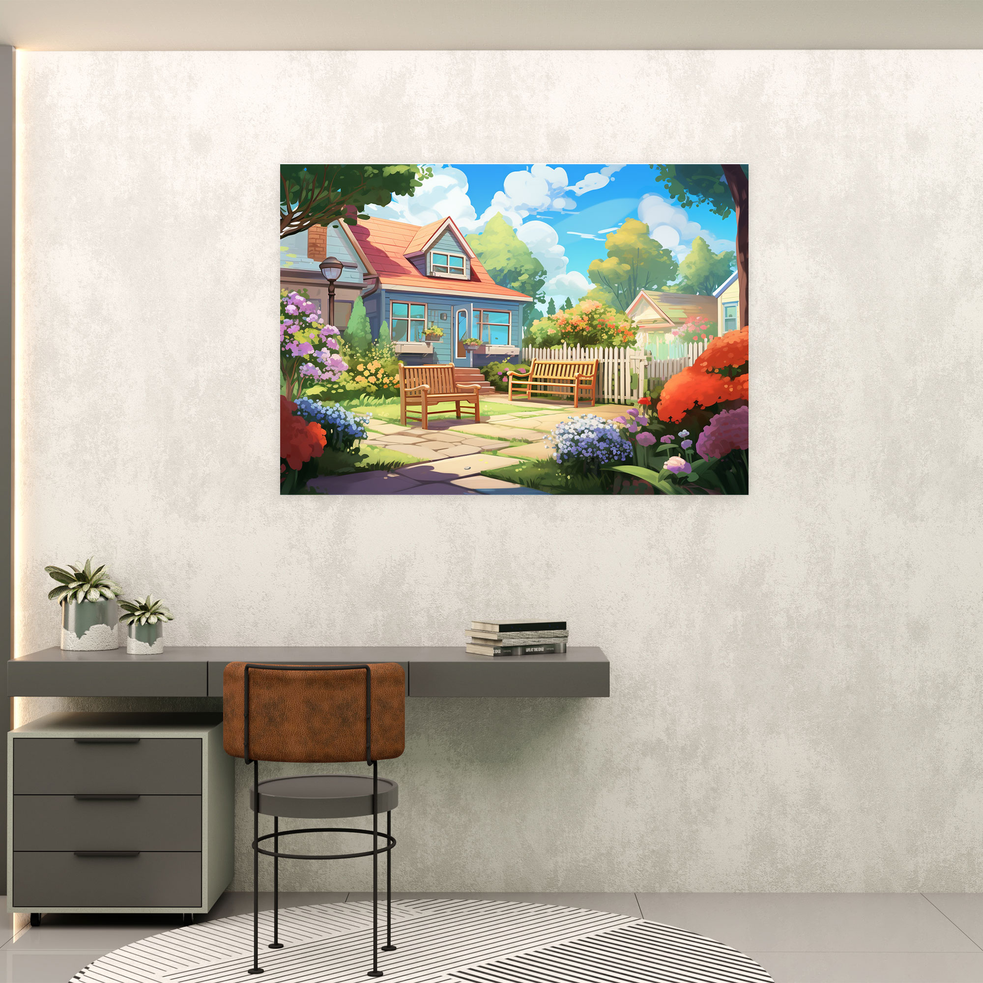 Enchanting Backyard Wall Art - Harlem, Whimsical Digital Illustration, Cozy Cottage, Home Decoration