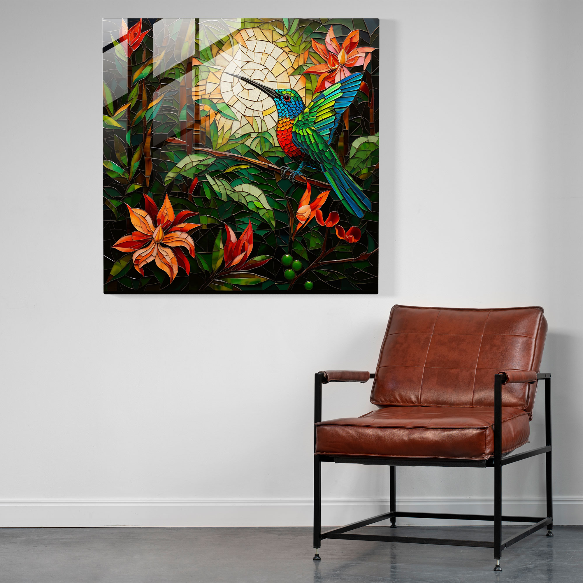 Tropical Mosaic Glass Print - Hummingbird, Glass Print, Tropical, Hummingbird