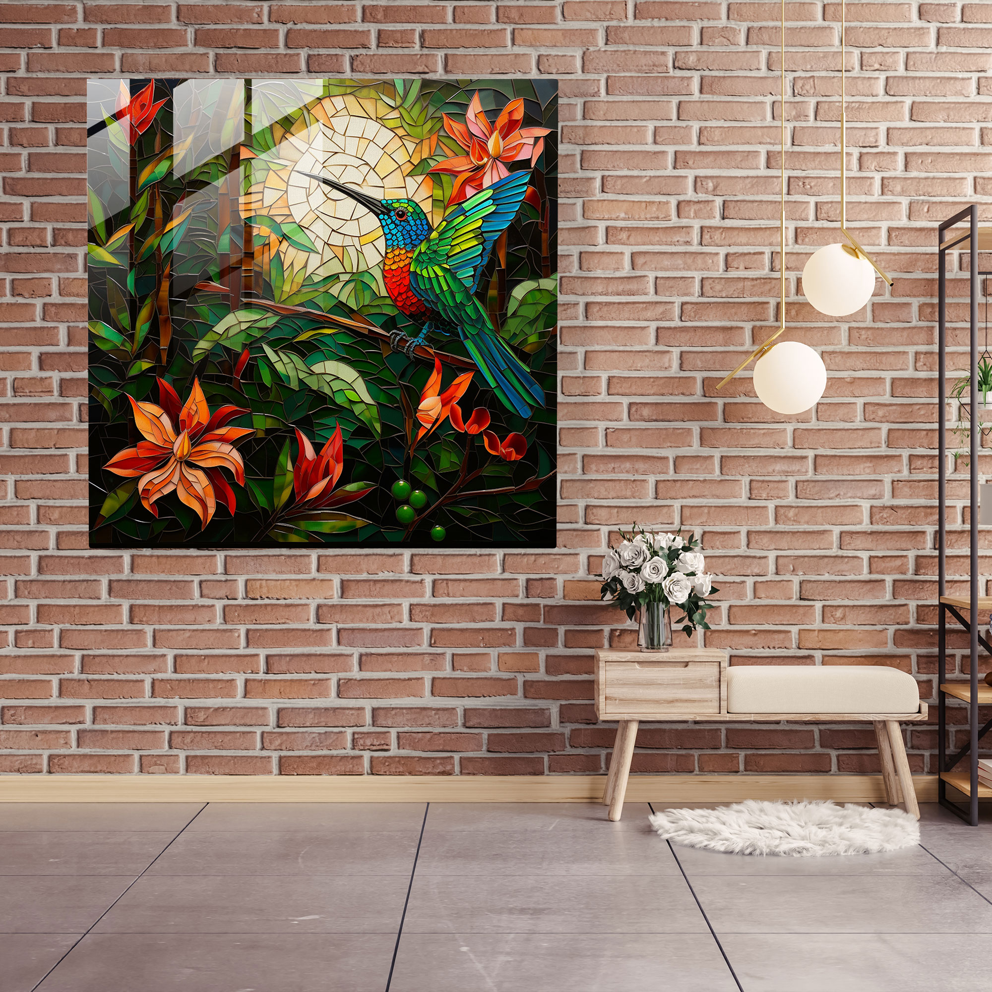Tropical Mosaic Glass Print - Hummingbird, Glass Print, Tropical, Hummingbird