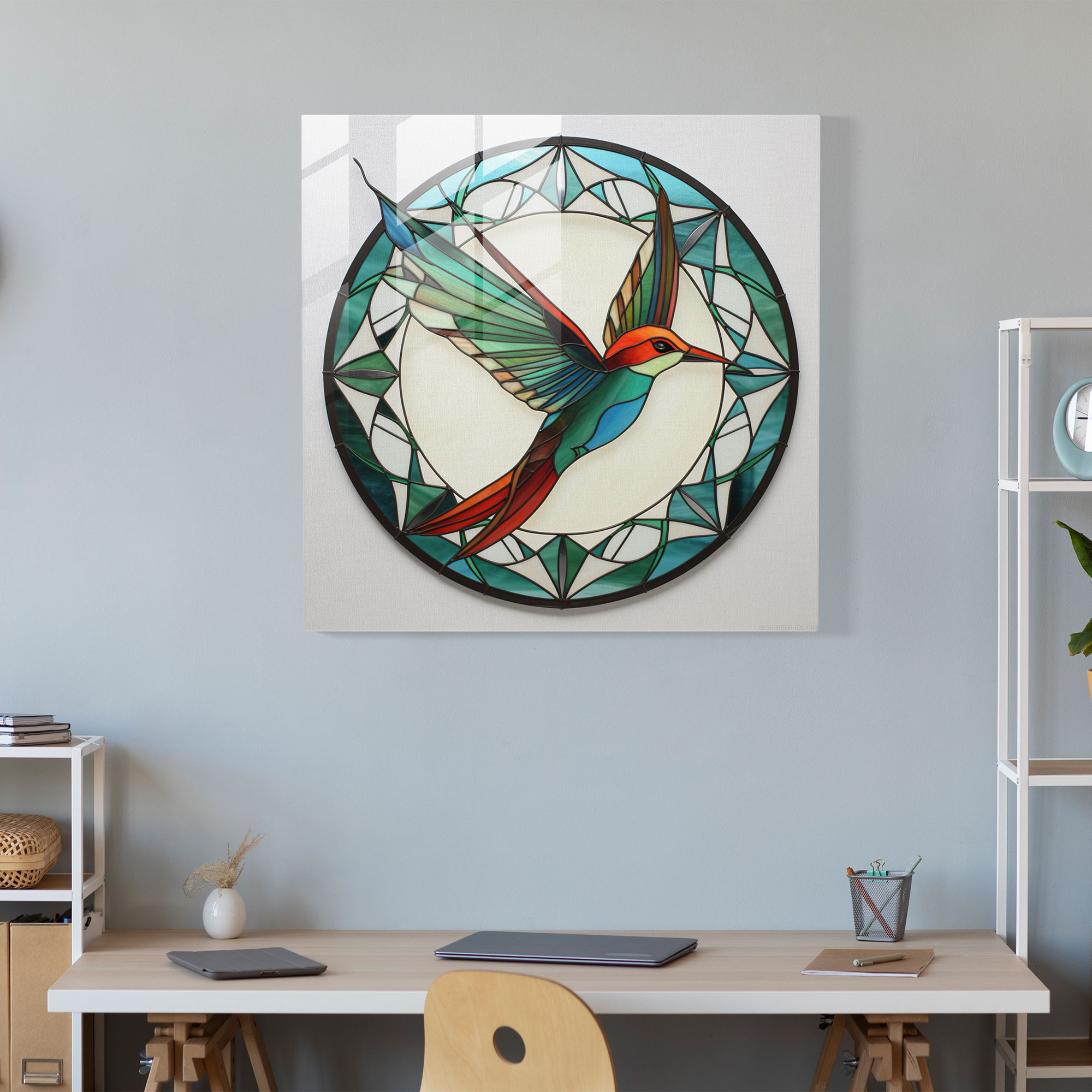 Symmetrical Charm Glass Print - Hummingbird, Home Decoration, Wall Decoration, Stylized