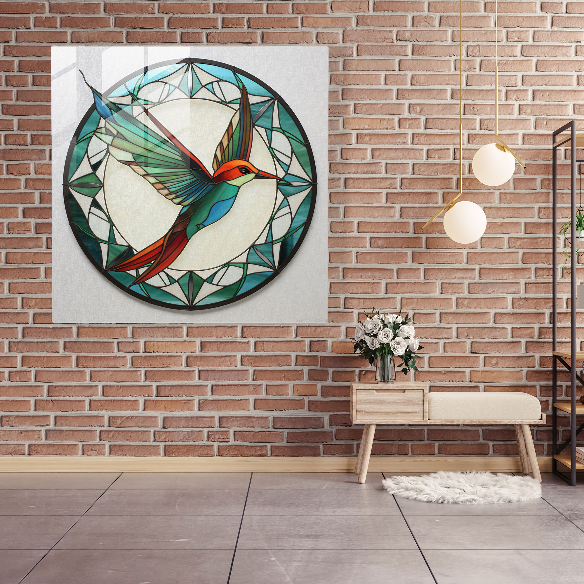 Symmetrical Charm Glass Print - Hummingbird, Home Decoration, Wall Decoration, Stylized