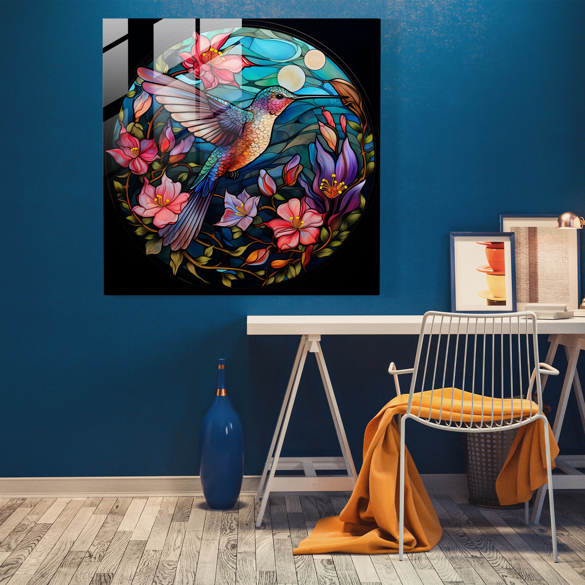 Whimsical Hummingbird Glass Print - Hummingbird, Stained Glass, Glass Wall Art, Modern Art