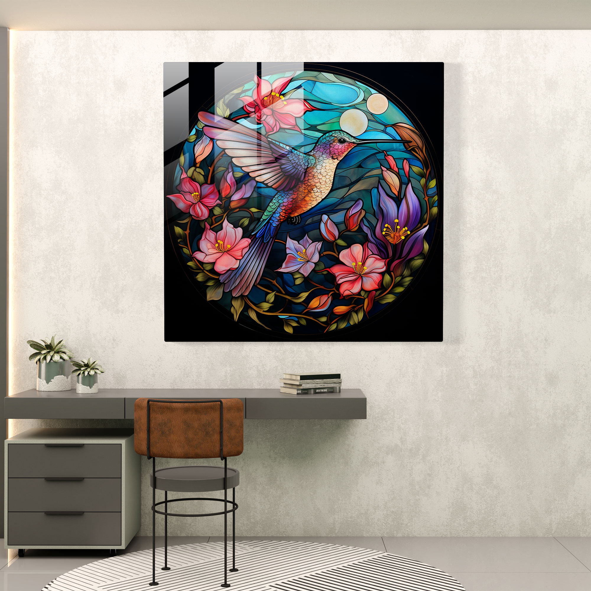 Whimsical Hummingbird Glass Print - Hummingbird, Stained Glass, Glass Wall Art, Modern Art