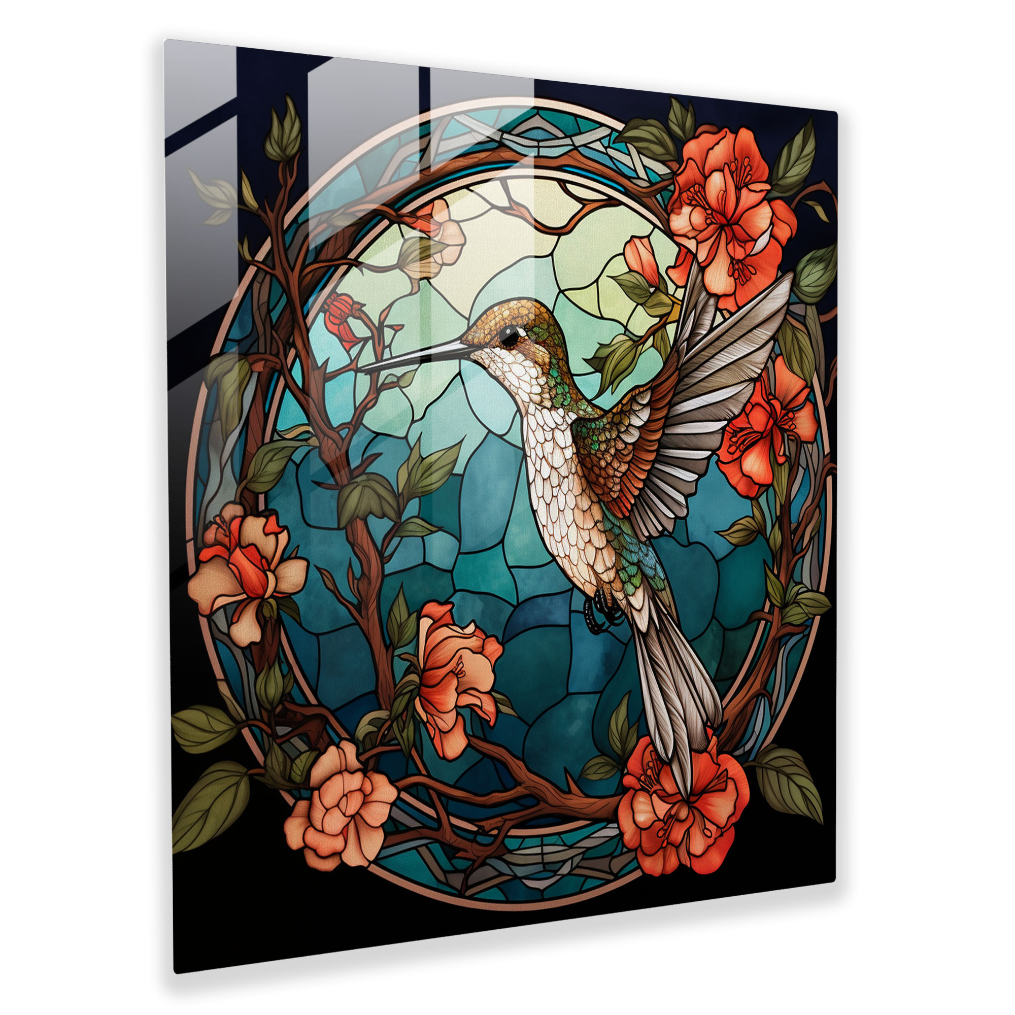 Kolibrili Cam Tablo - Canlı Renkler Modern Sanat