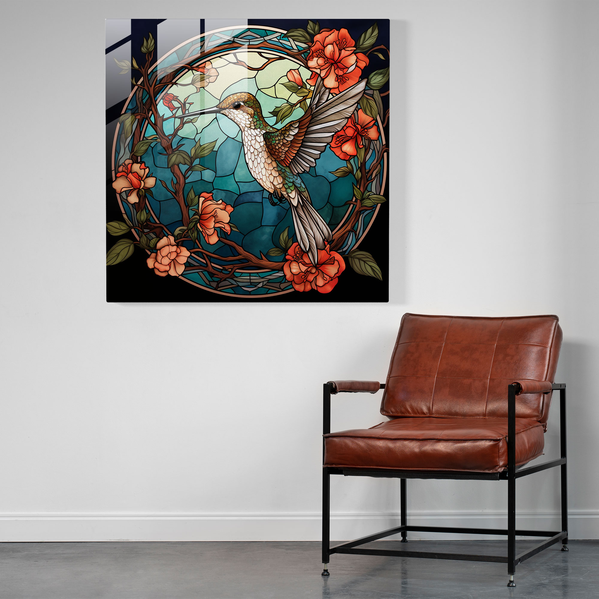Kolibrili Cam Tablo - Canlı Renkler Modern Sanat
