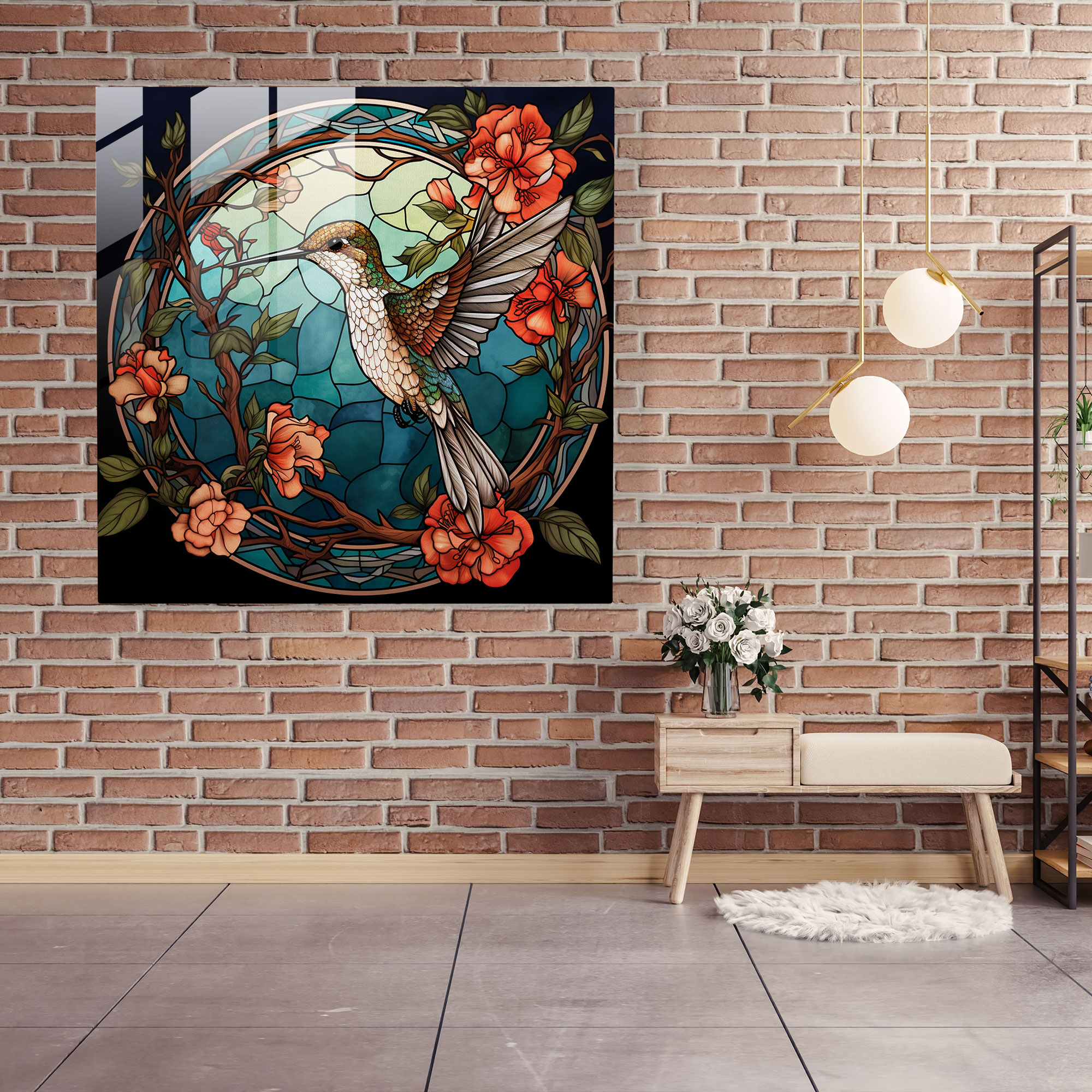 Kolibrili Cam Tablo - Canlı Renkler Modern Sanat