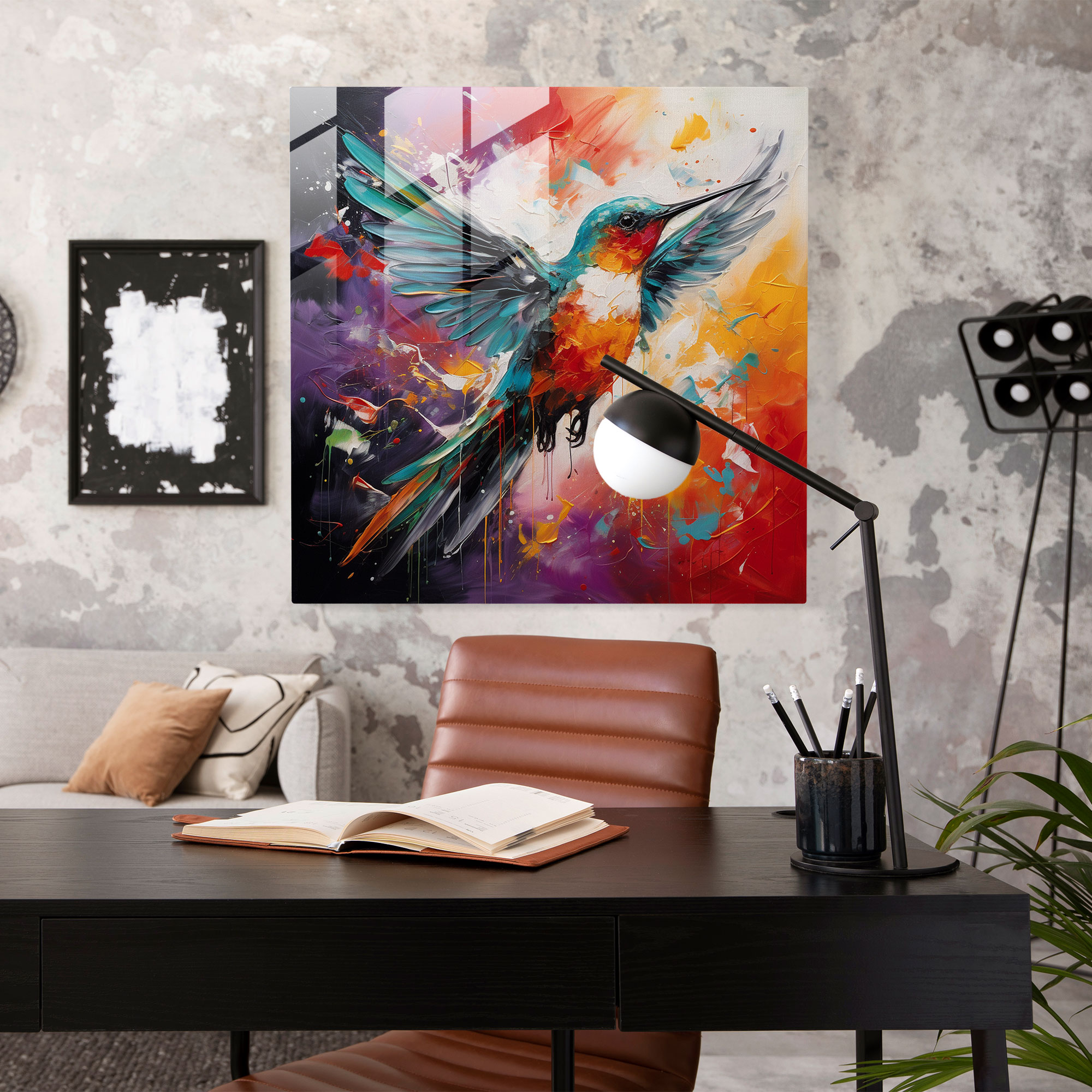 Abstract Hummingbird Glass Print - Hummingbird, Home Decoration, Glass Art, Bold Strokes