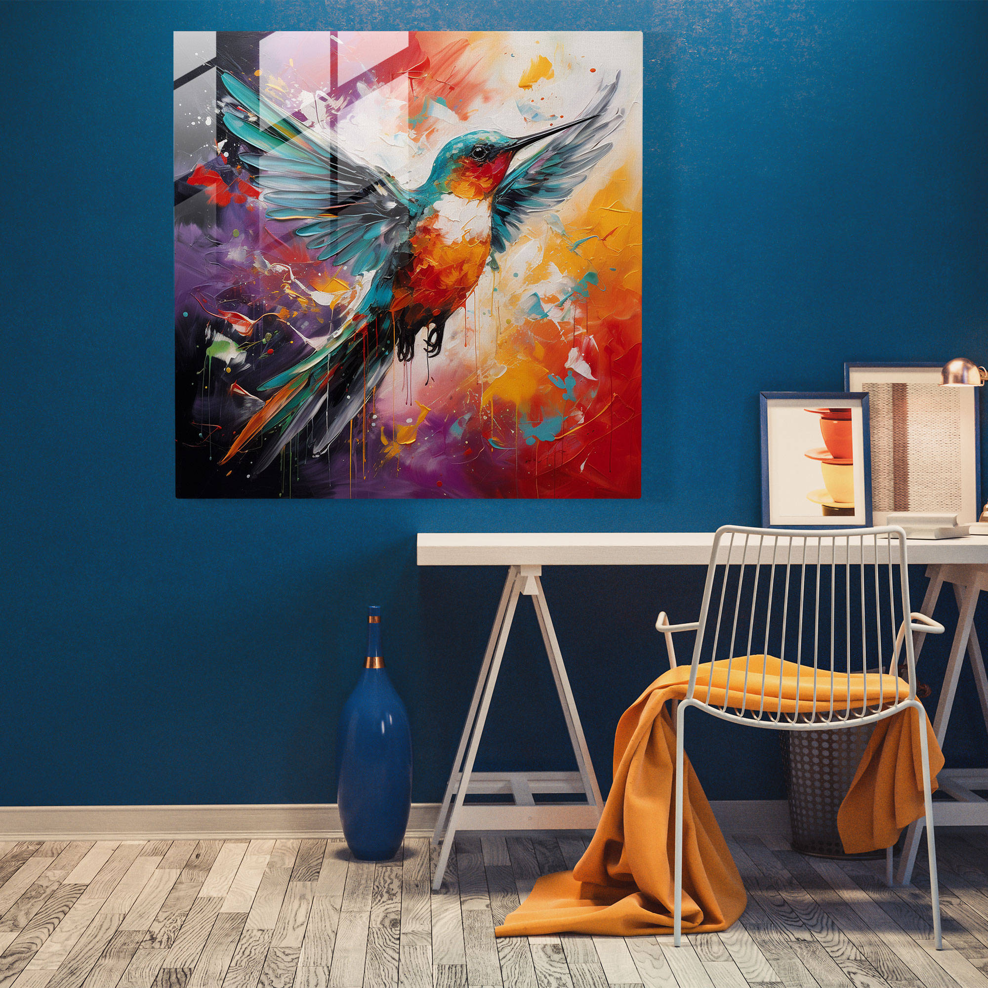 Abstract Hummingbird Glass Print - Hummingbird, Home Decoration, Glass Art, Bold Strokes