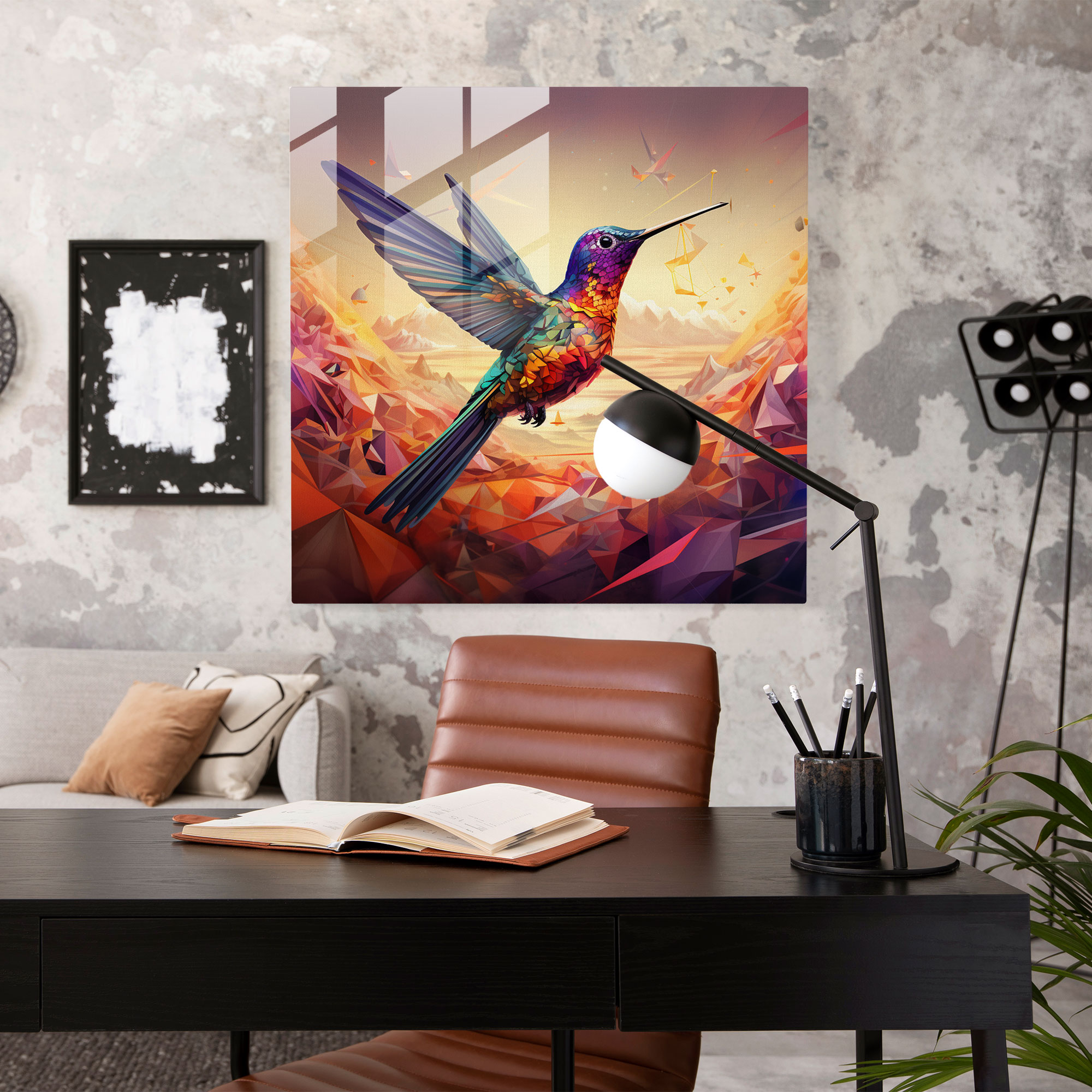 Surreal Hummingbird Glass Print - Hummingbird, Geometric Wings, Wall Decoration, Glass Print