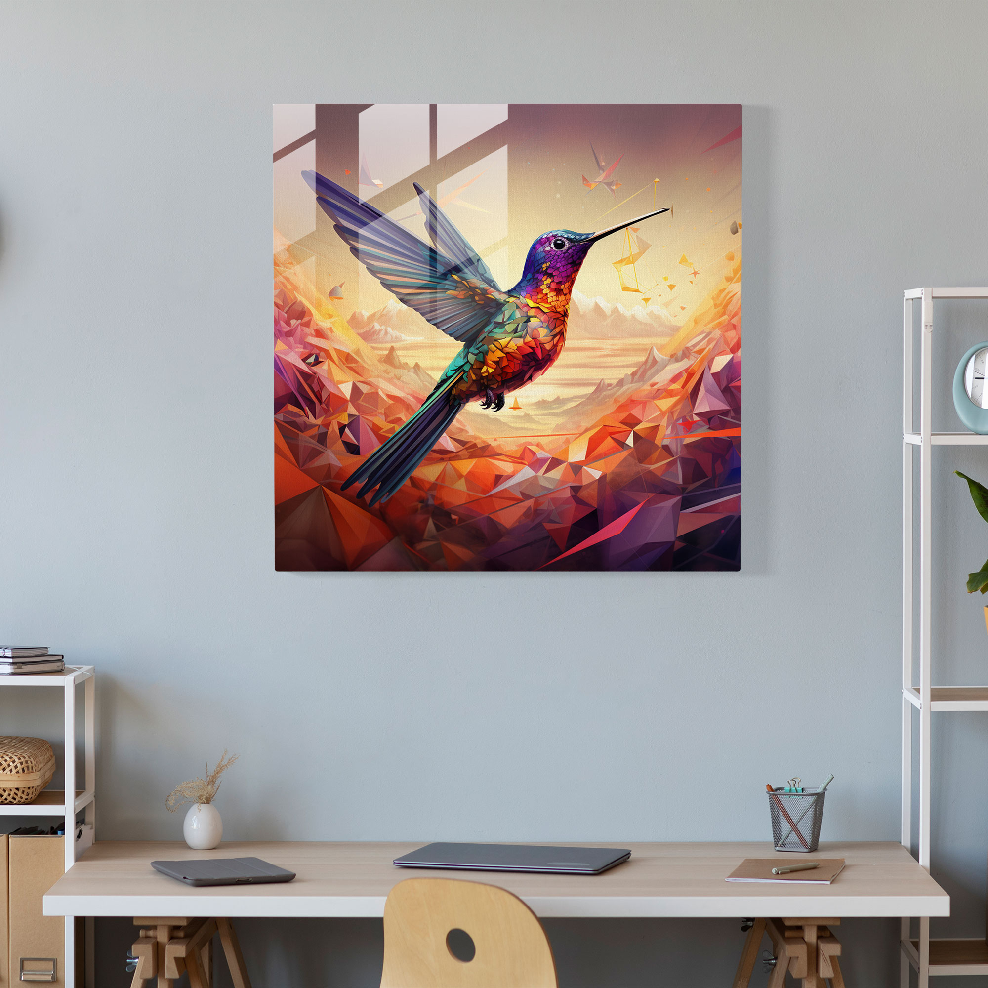 Surreal Hummingbird Glass Print - Hummingbird, Geometric Wings, Wall Decoration, Glass Print