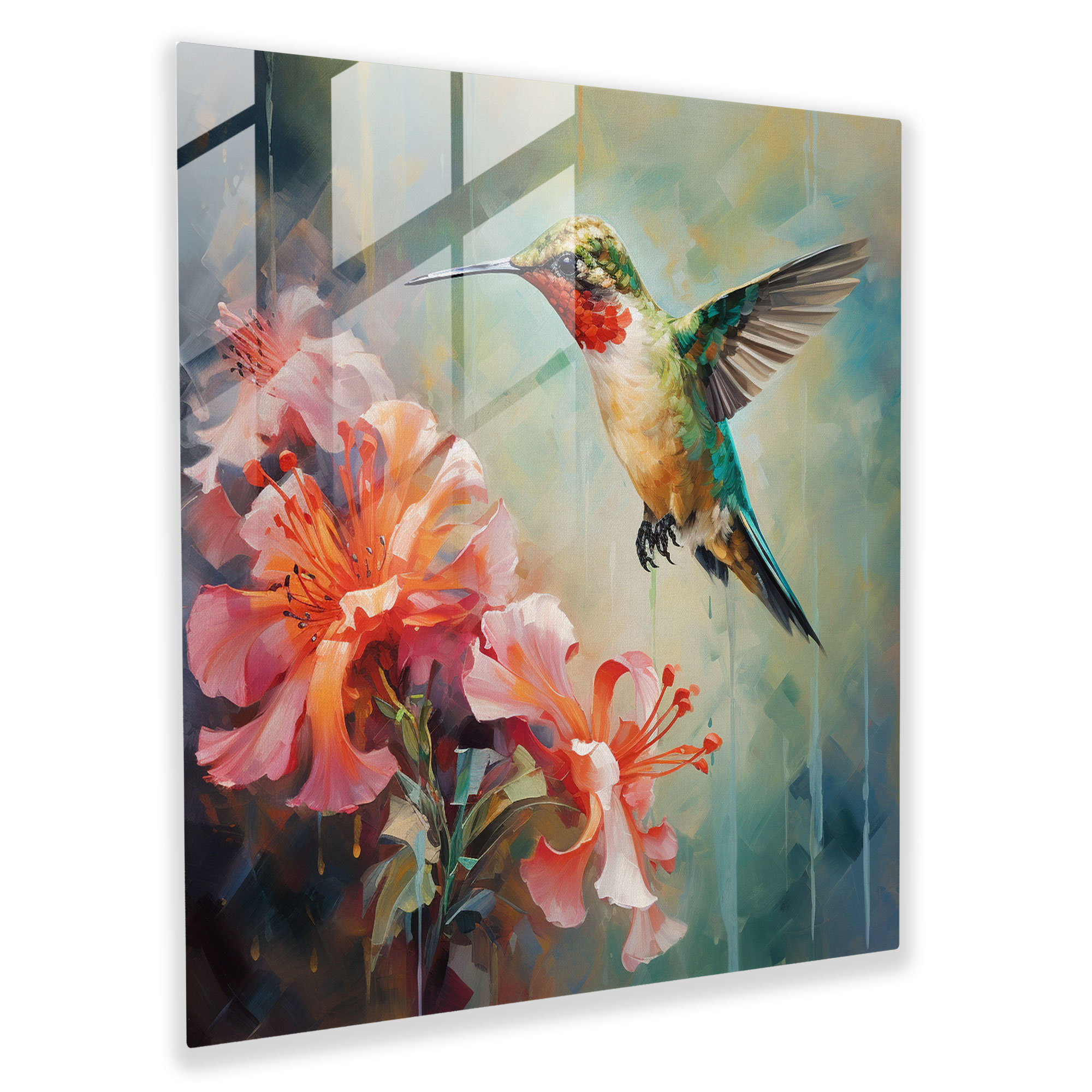Kolibriler Etki Cam Tablosu - Canlı Çiçekli Modern Sanat Cam Sanat