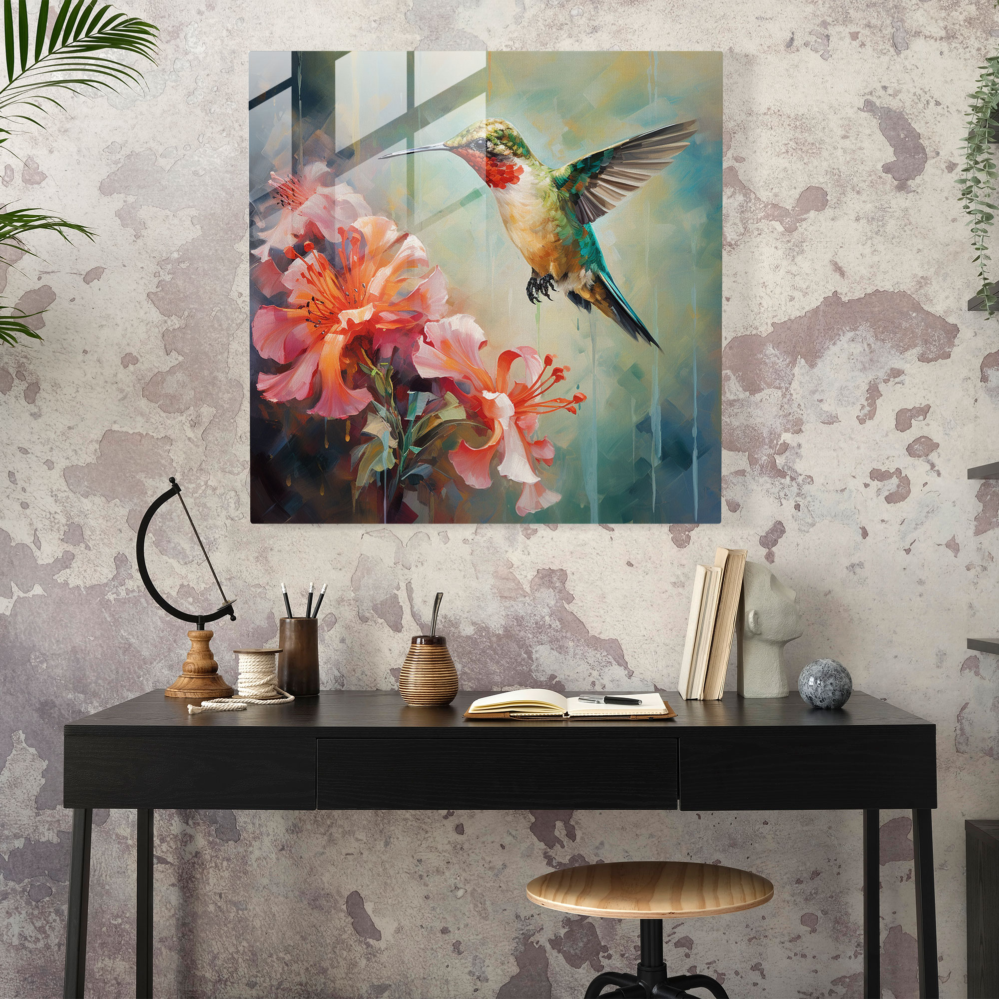 Kolibriler Etki Cam Tablosu - Canlı Çiçekli Modern Sanat Cam Sanat