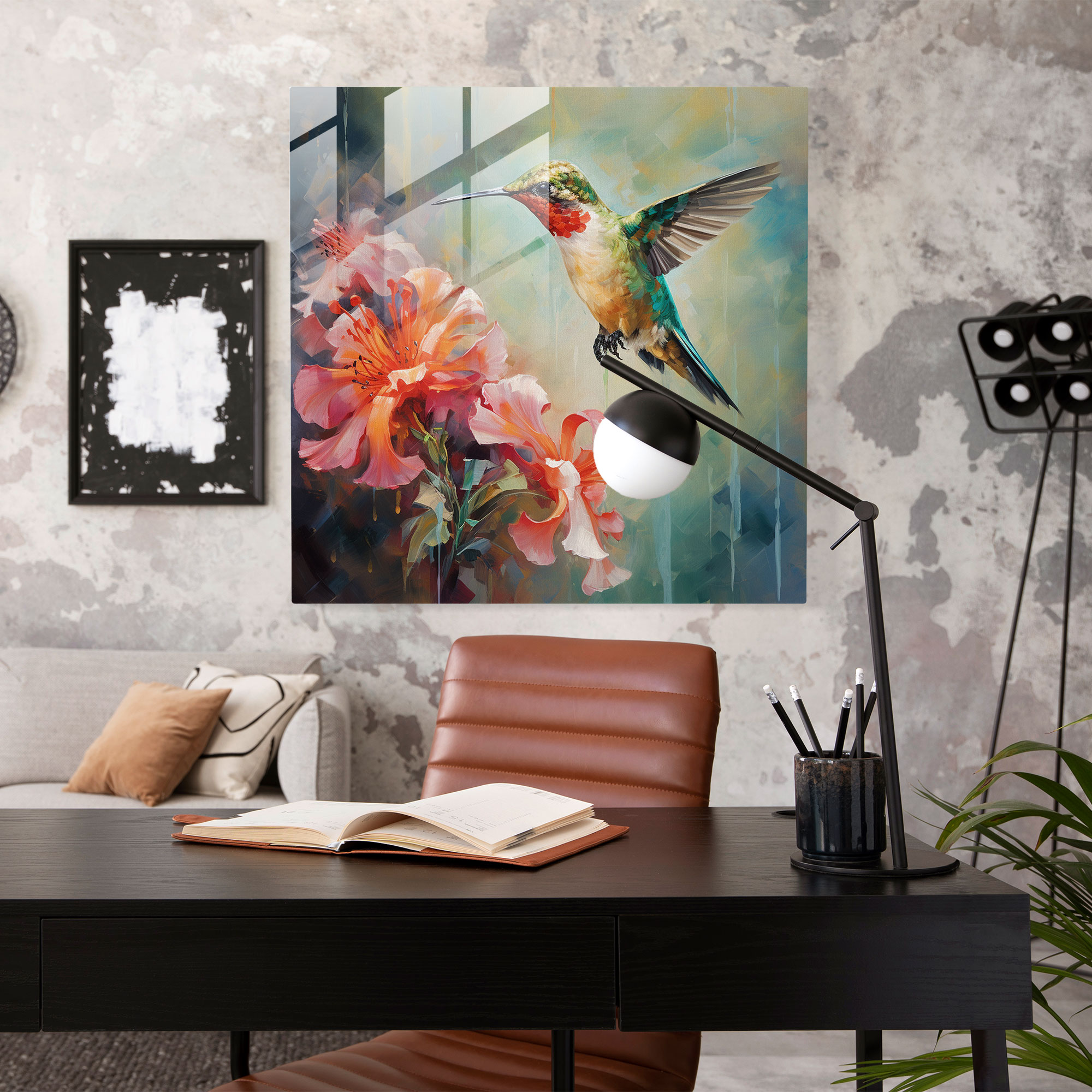Kolibriler Etki Cam Tablosu - Canlı Çiçekli Modern Sanat Cam Sanat