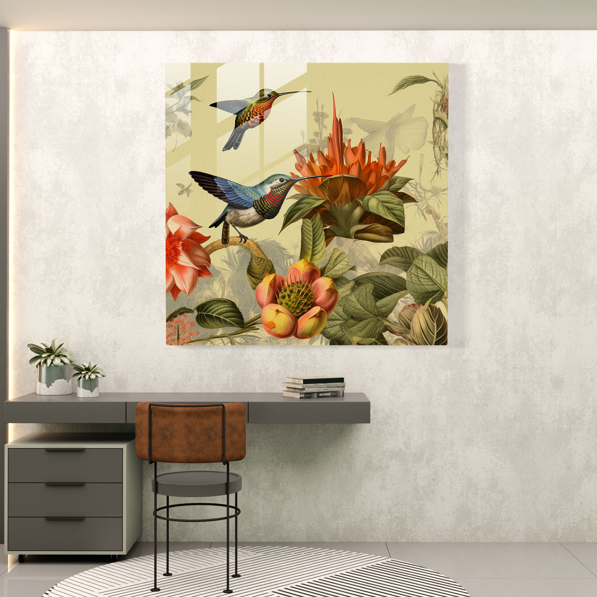 Vintage Hummingbird Glass Print - Hummingbird, Glass Print, Collage Of Vintage Illustrations, Wall Decoration