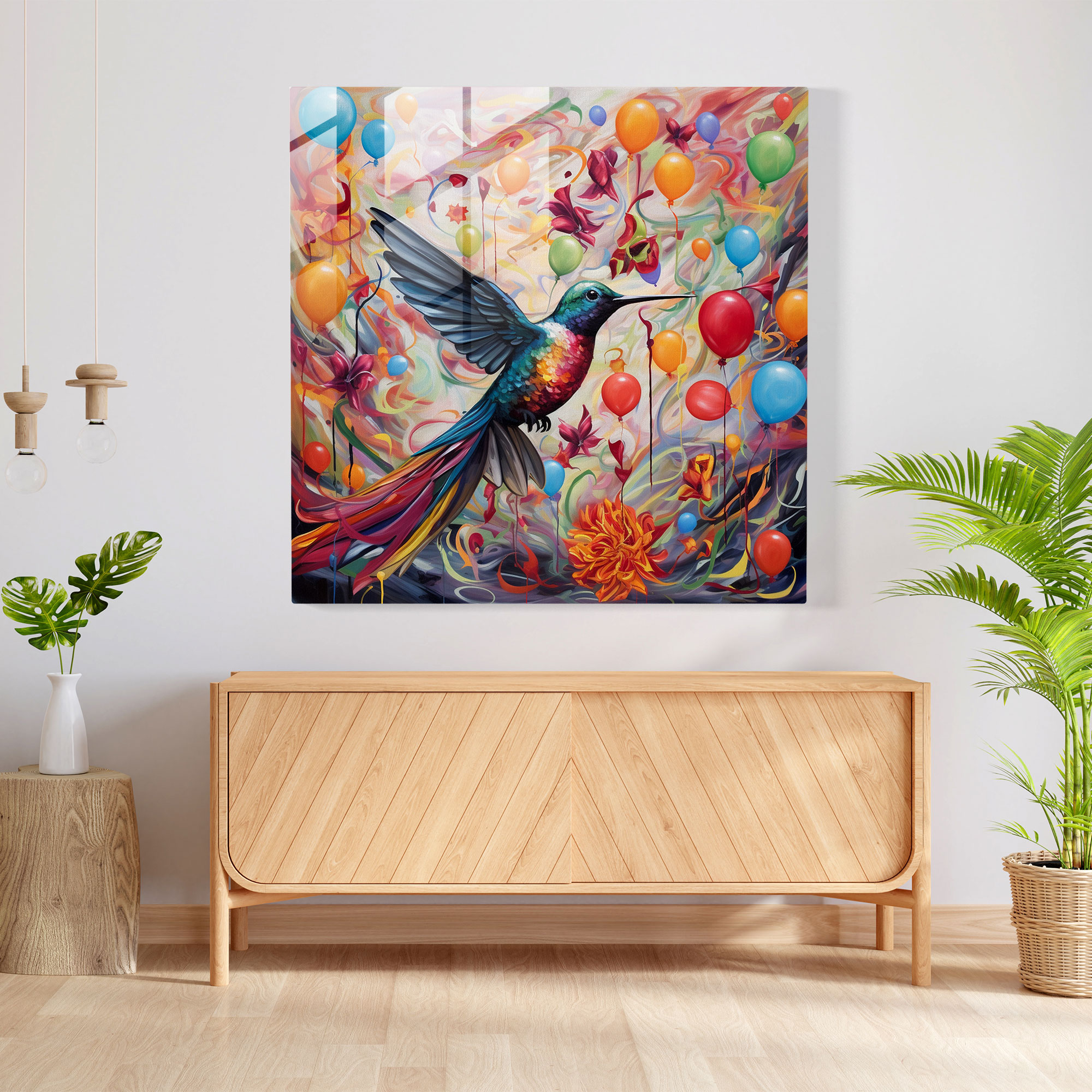 Oyuncu Güleç Kanatlı Kuş Cam Tablo - Ev Dekorasyonu Masalsı Sanat Eseri
