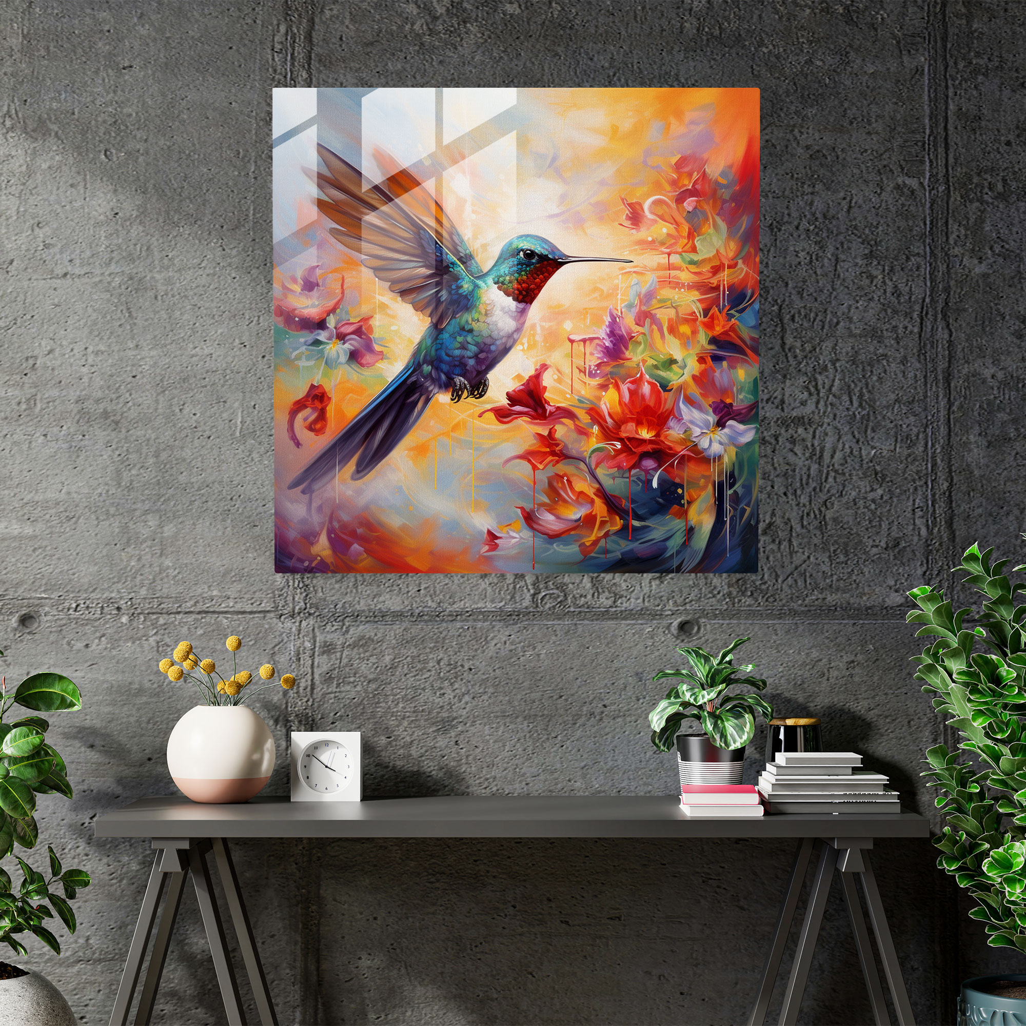 Hummingbird Cam Tablo - Güvercin Çiçeği Cam Sanatı Renkli Boyama Cam Tablo