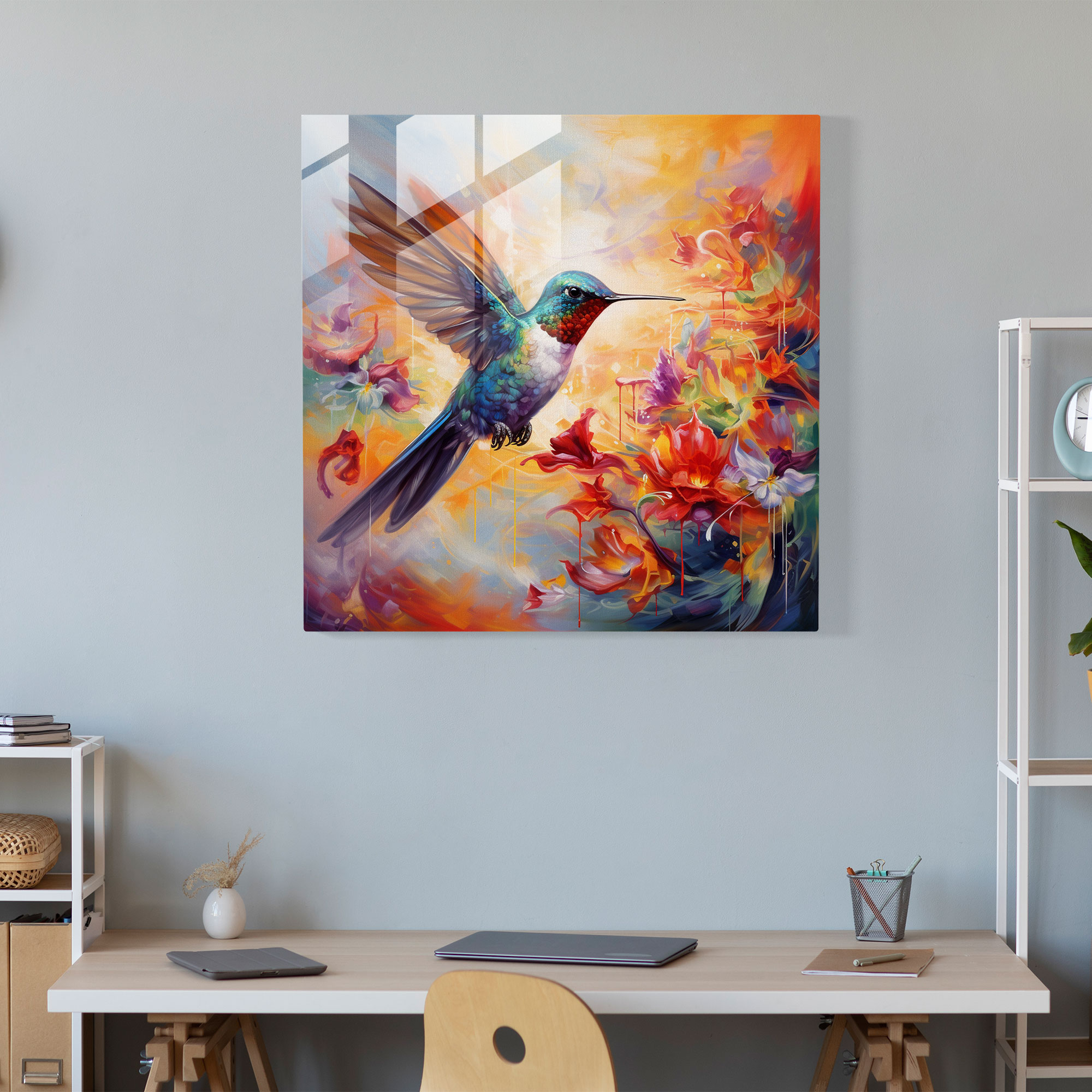 Hummingbird Cam Tablo - Güvercin Çiçeği Cam Sanatı Renkli Boyama Cam Tablo