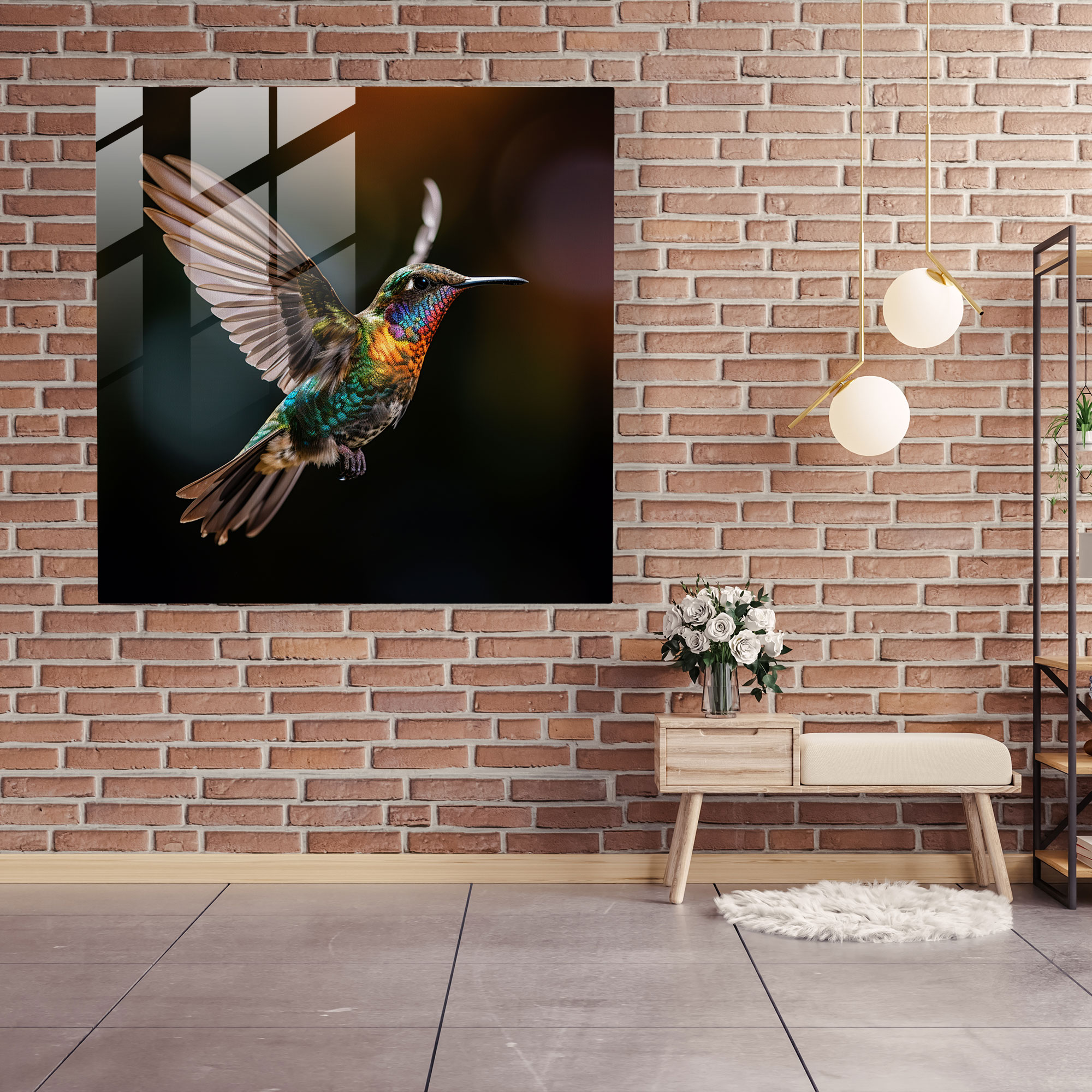 Modern Kolibri Cam Tablo - Yakın Çekim Kolibri Cam Duvar Sanatı Ev Dekorasyonu