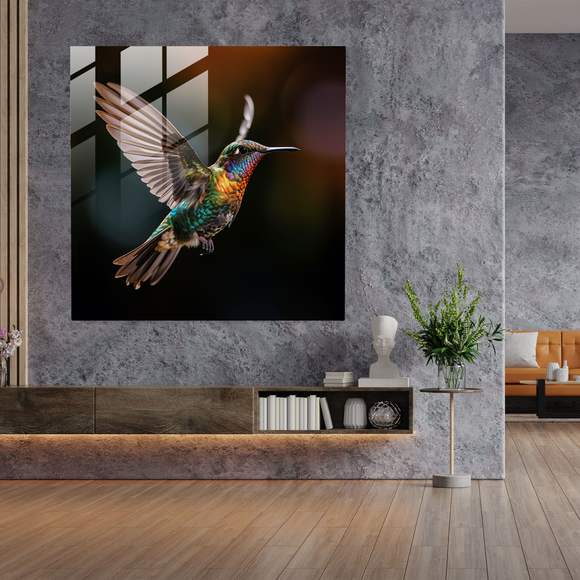 Modern Kolibri Cam Tablo - Yakın Çekim Kolibri Cam Duvar Sanatı Ev Dekorasyonu