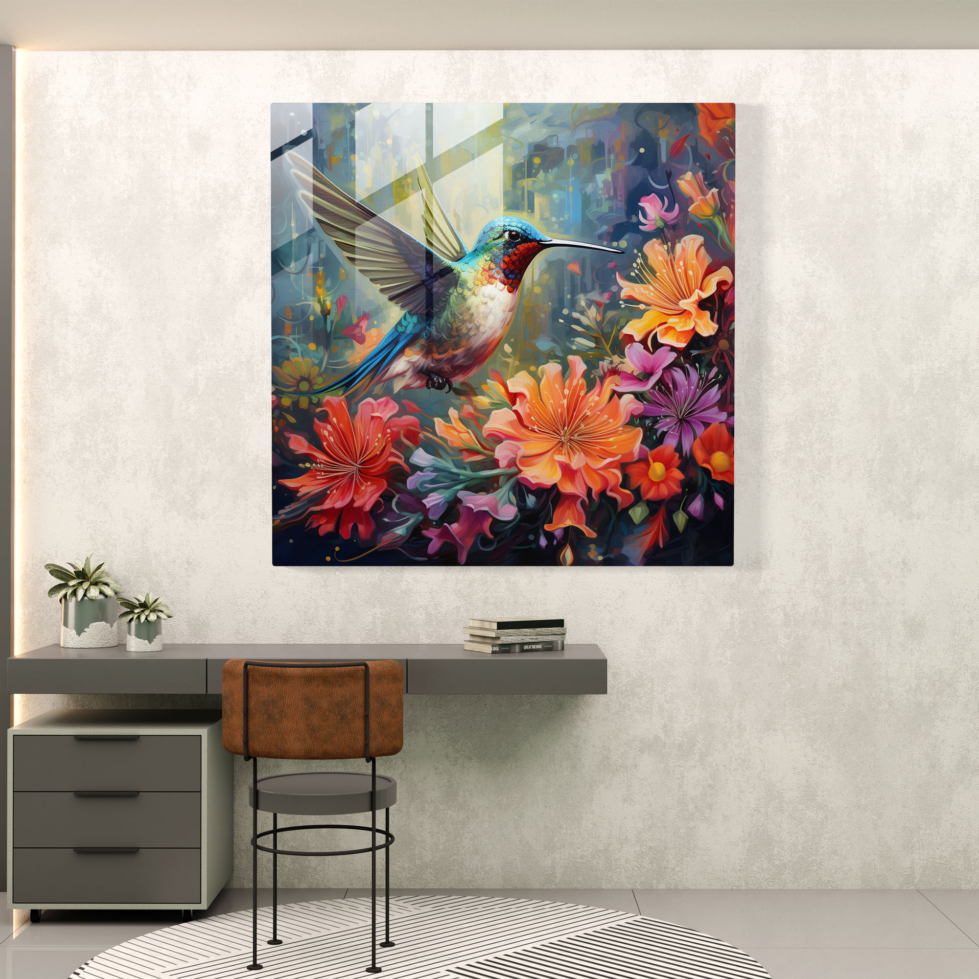 Whimsical Hummingbird Glass Print - Hummingbird, Modern Art, Colorful Flowers, Wall Decoration