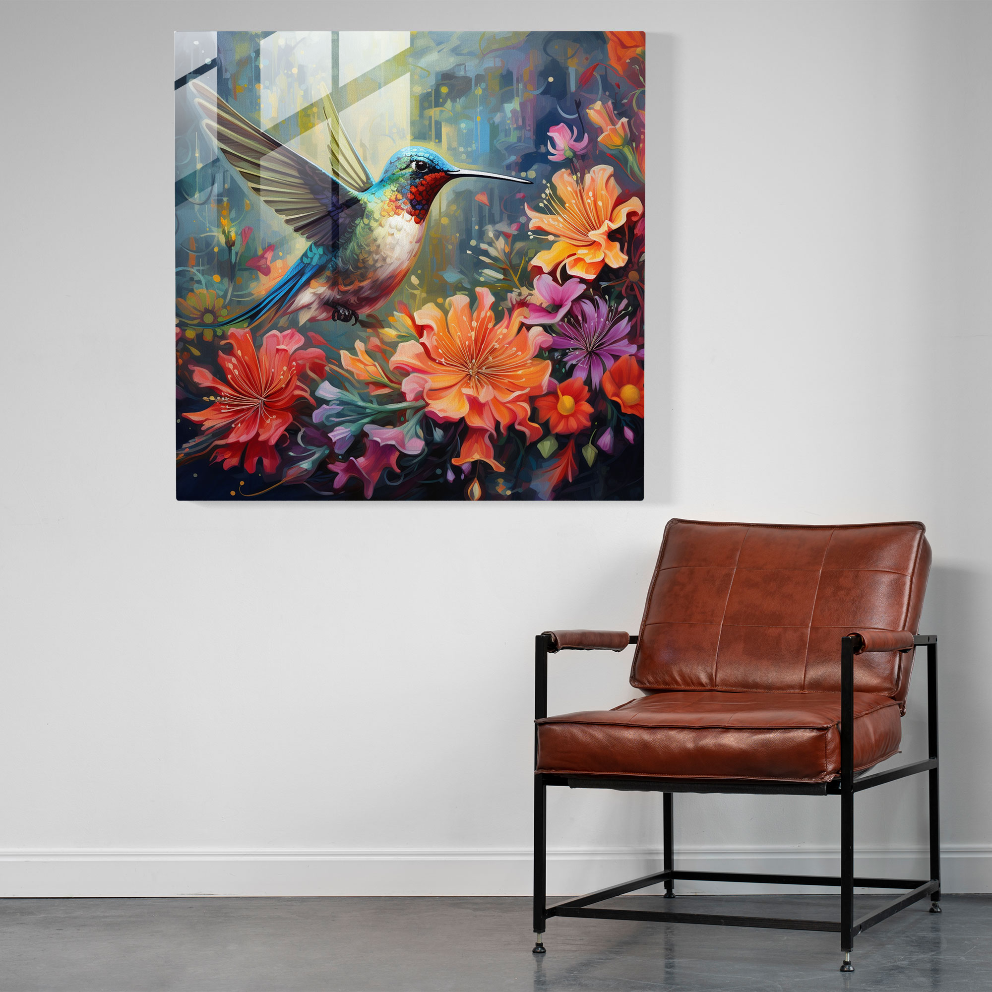 Whimsical Hummingbird Glass Print - Hummingbird, Modern Art, Colorful Flowers, Wall Decoration
