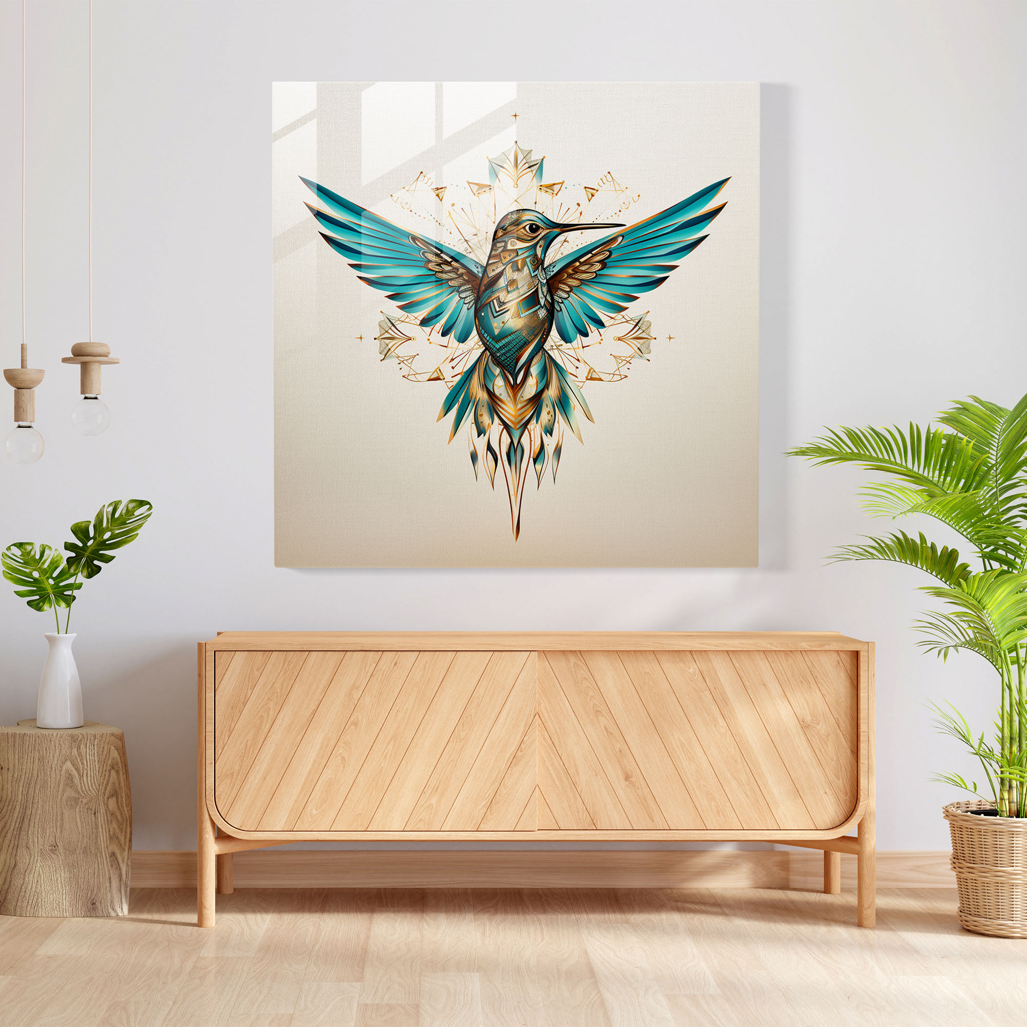 Geometric Hummingbird Glass Print - Hummingbird, Geometric Design, Glass Print, Wall Decoration
