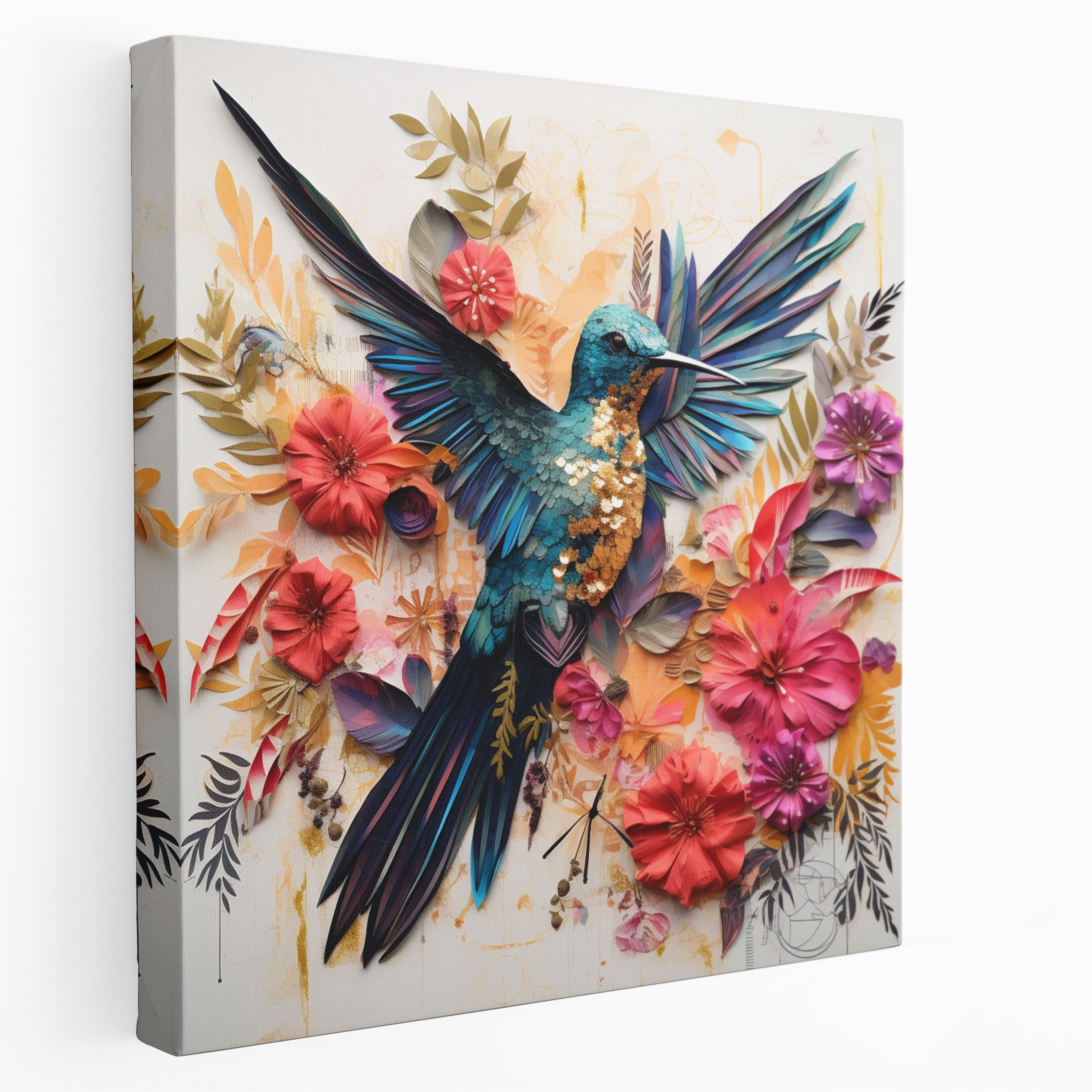 Mixed Media Hummingbird Canvas Print - Hummingbird, Botanical Elements, Wall Decoration, Wall Art