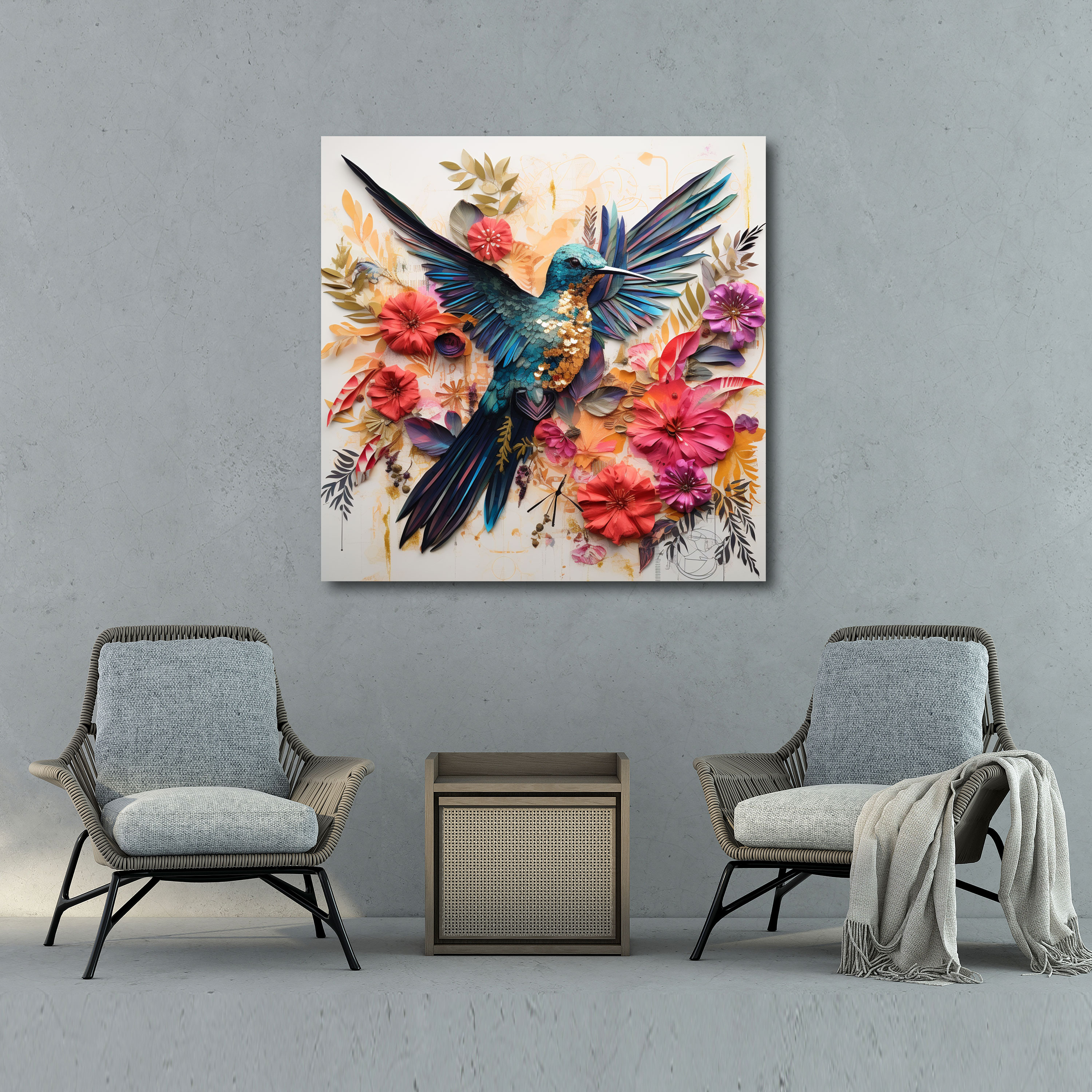 Mixed Media Hummingbird Canvas Print - Hummingbird, Botanical Elements, Wall Decoration, Wall Art