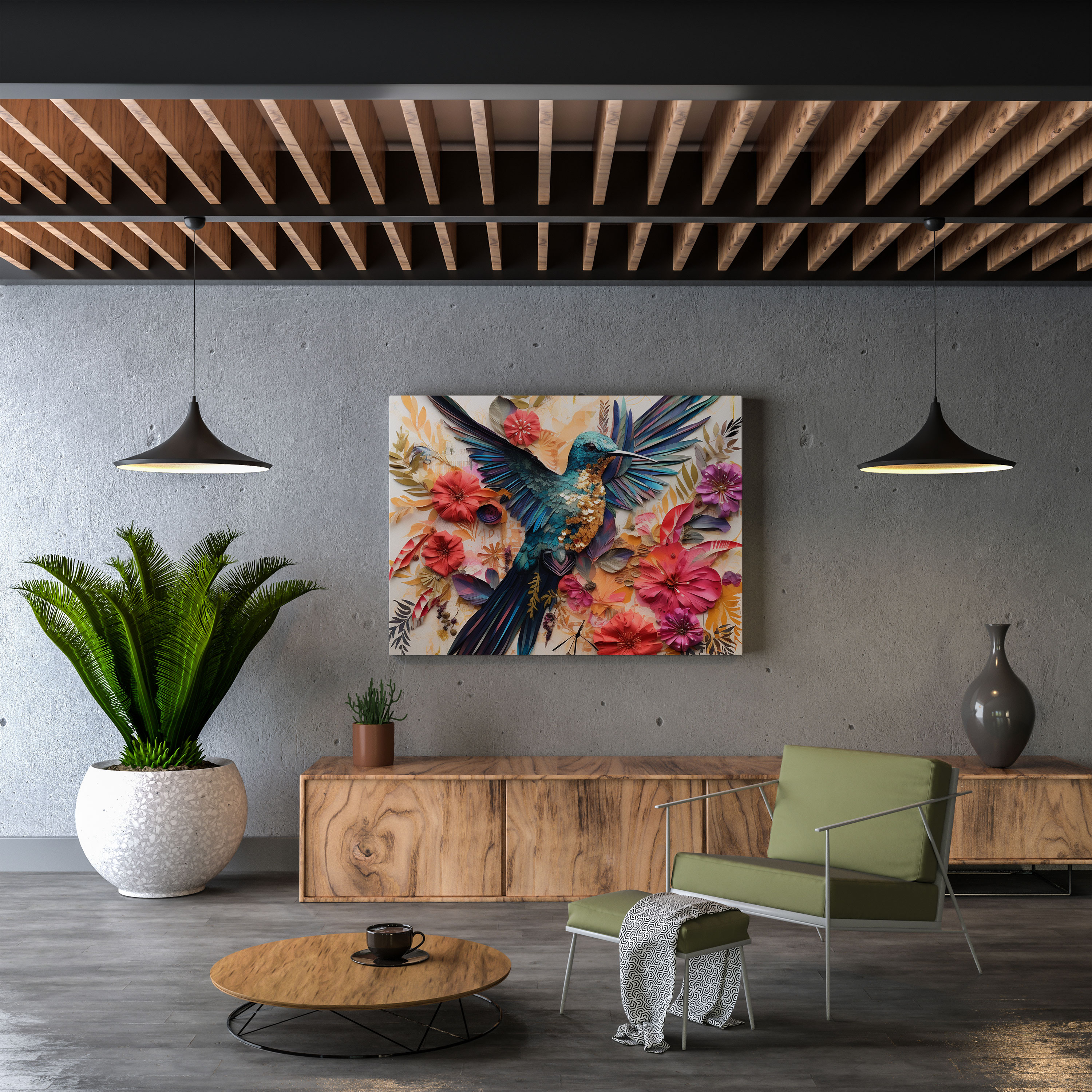 Mixed Media Hummingbird Canvas Print - Hummingbird, Botanical Elements, Wall Decoration, Wall Art