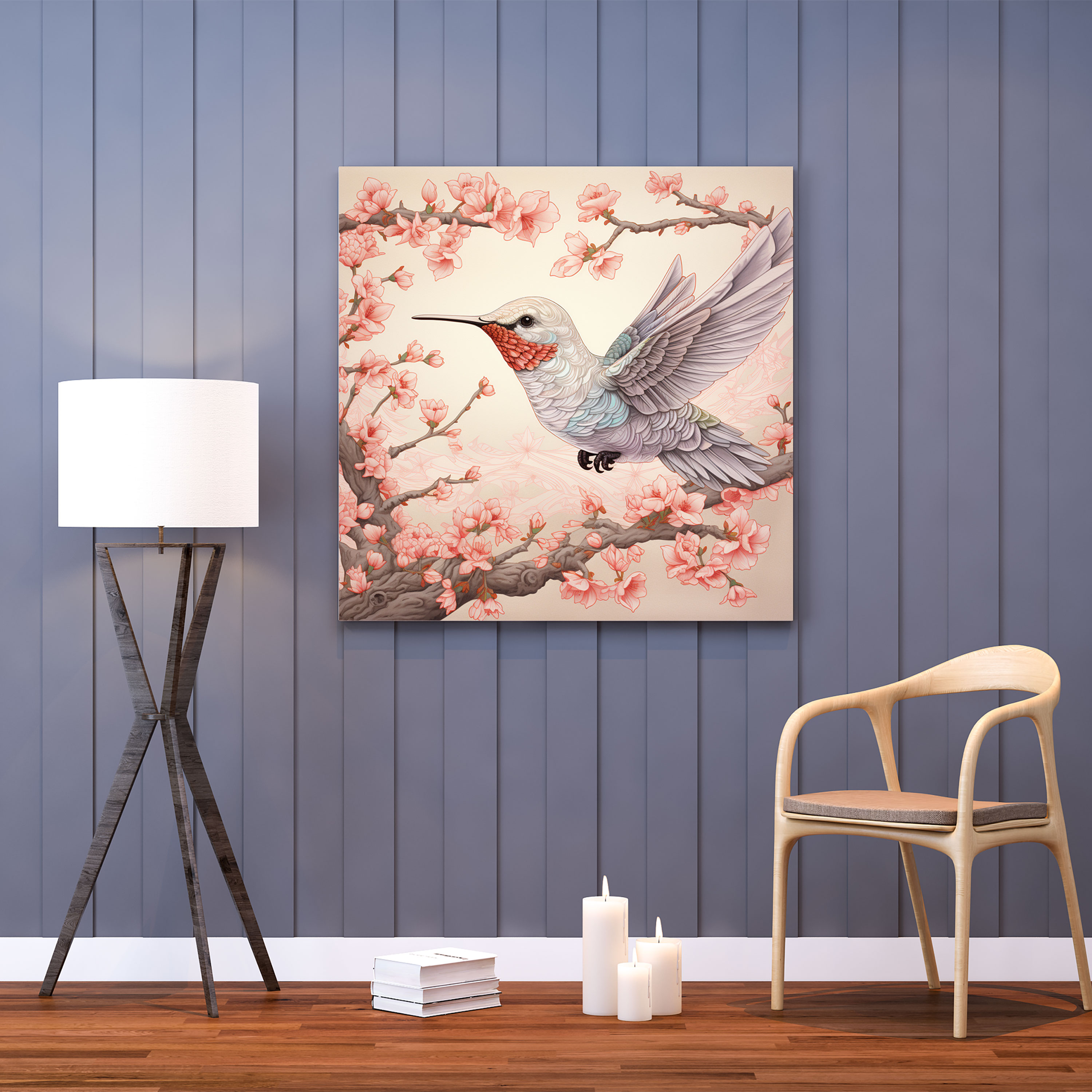 Cherry Blossom Hummingbird Wall Art - Hummingbird, Canvas Wall Art, Hummingbird, Delicate Coloring