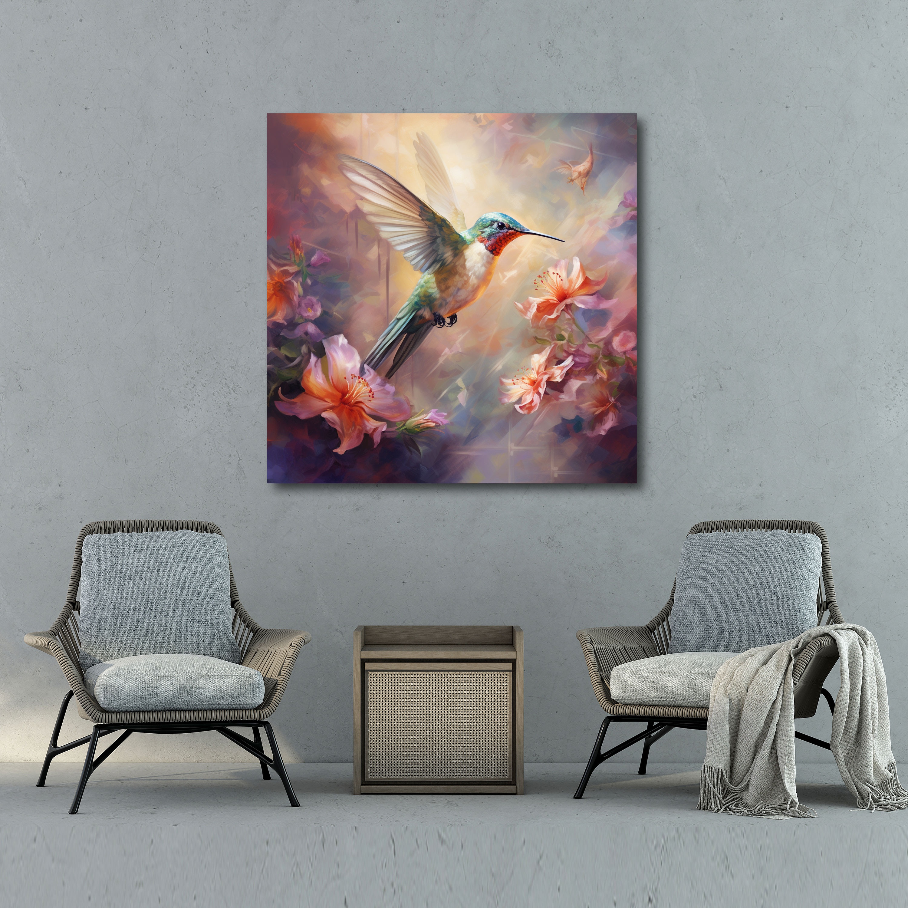 Hummingbird Wall Decoration - Hummingbird, Canvas Print, Impressionist-Style Painting, Dreamy Atmosphere
