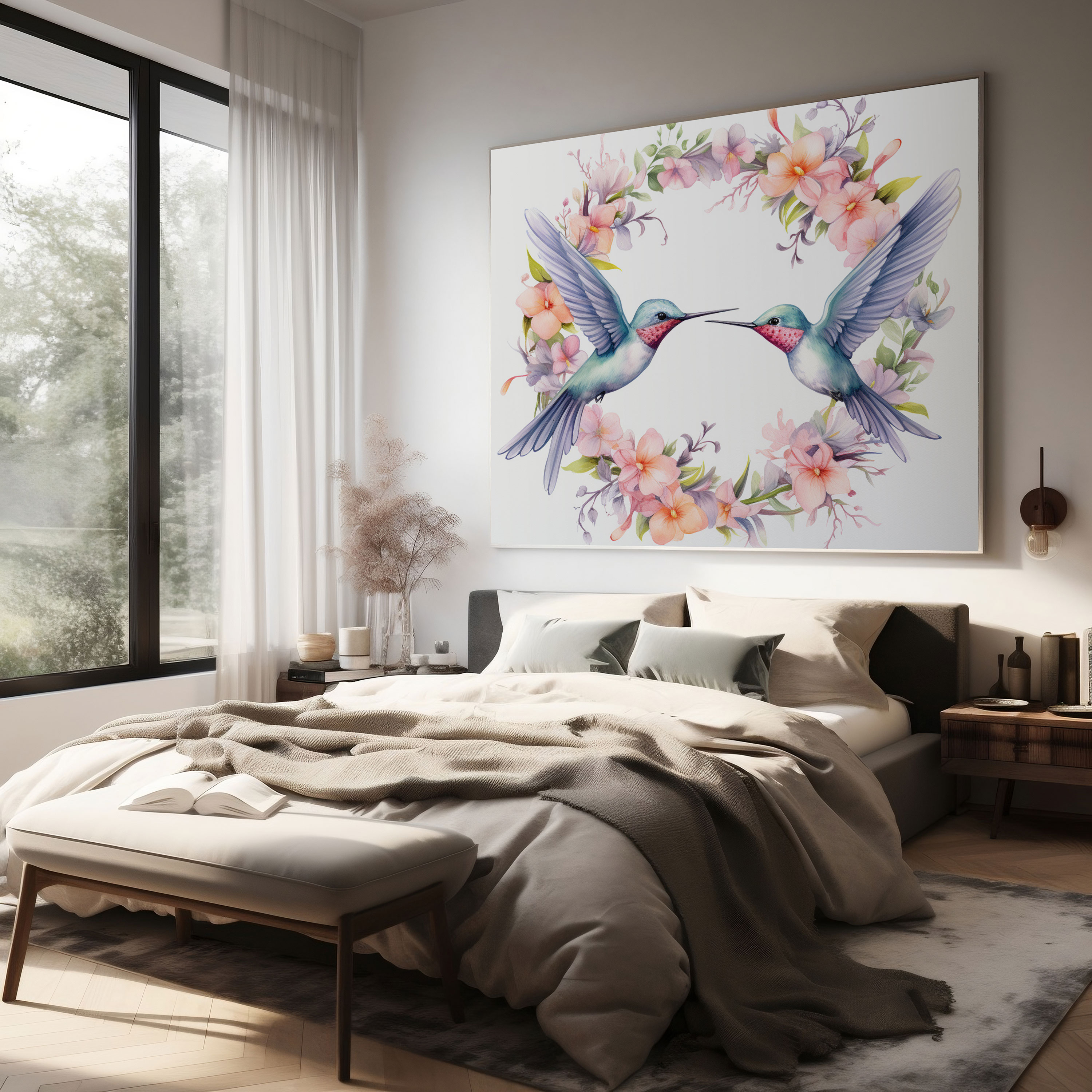 Kolibrili Çiçek Taçlı Duvar Sanatı - Kolibri Pastel Renkler Duvar Sanatı Ev Dekorasyonu