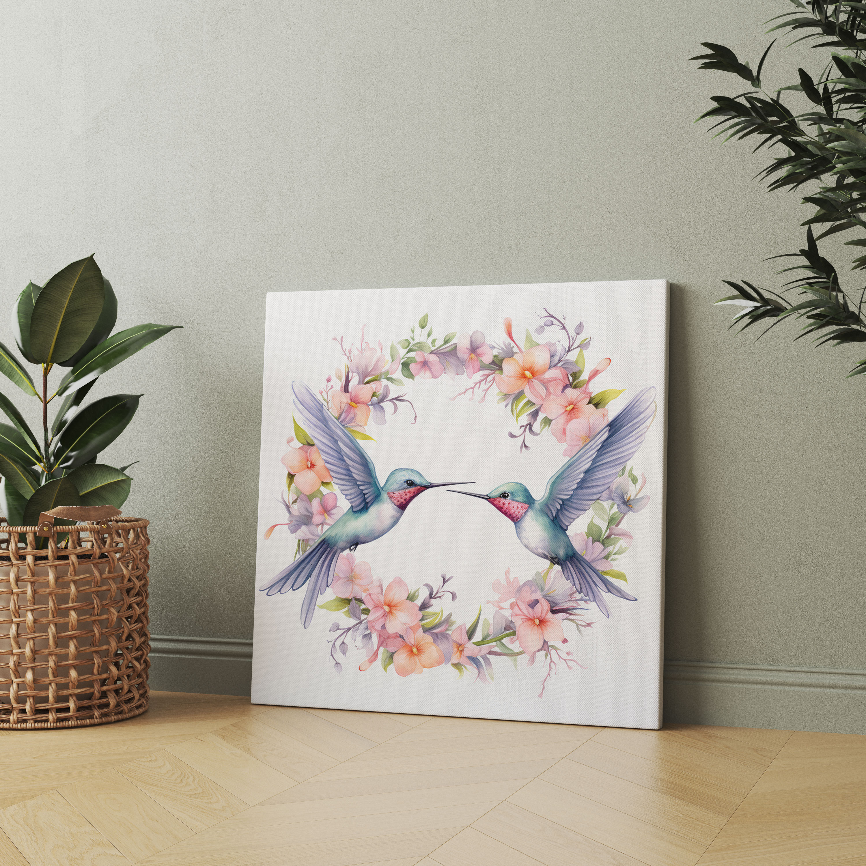 Kolibrili Çiçek Taçlı Duvar Sanatı - Kolibri Pastel Renkler Duvar Sanatı Ev Dekorasyonu