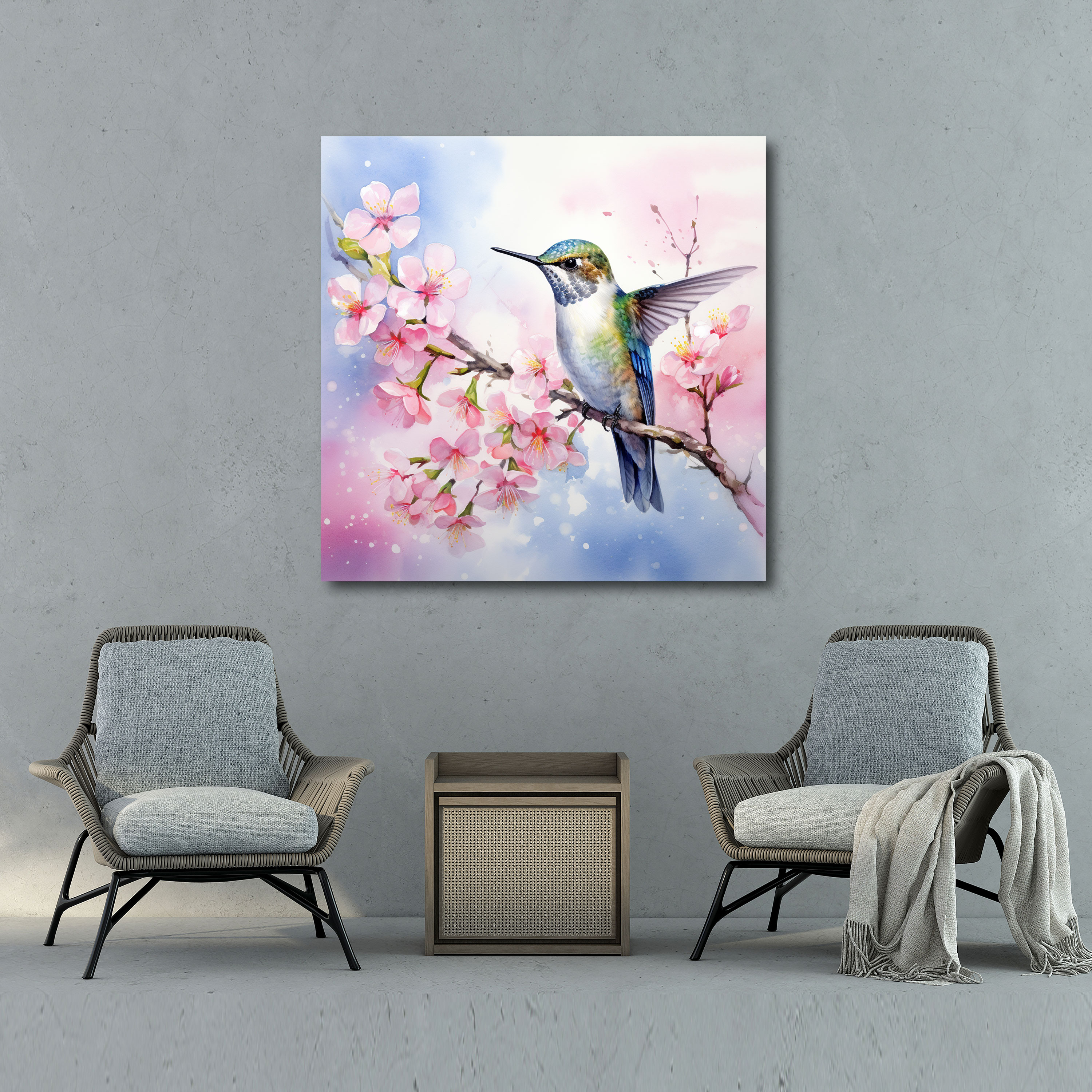 Hummingbird Kiraz Çiçeği Kanvas Tablo - Kuş Duvar Sanatı Kanvas Tablo Yazdırma