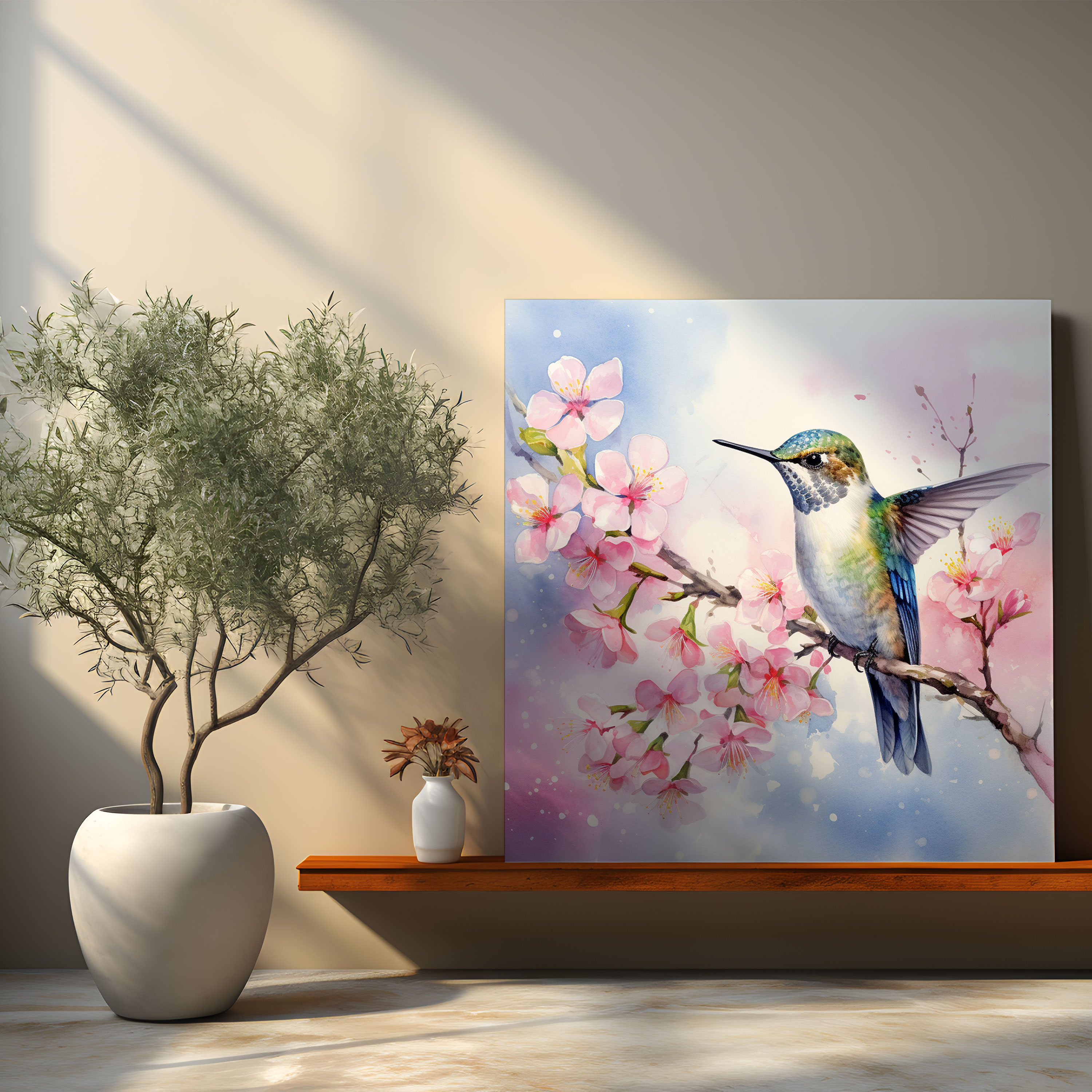 Hummingbird Kiraz Çiçeği Kanvas Tablo - Kuş Duvar Sanatı Kanvas Tablo Yazdırma