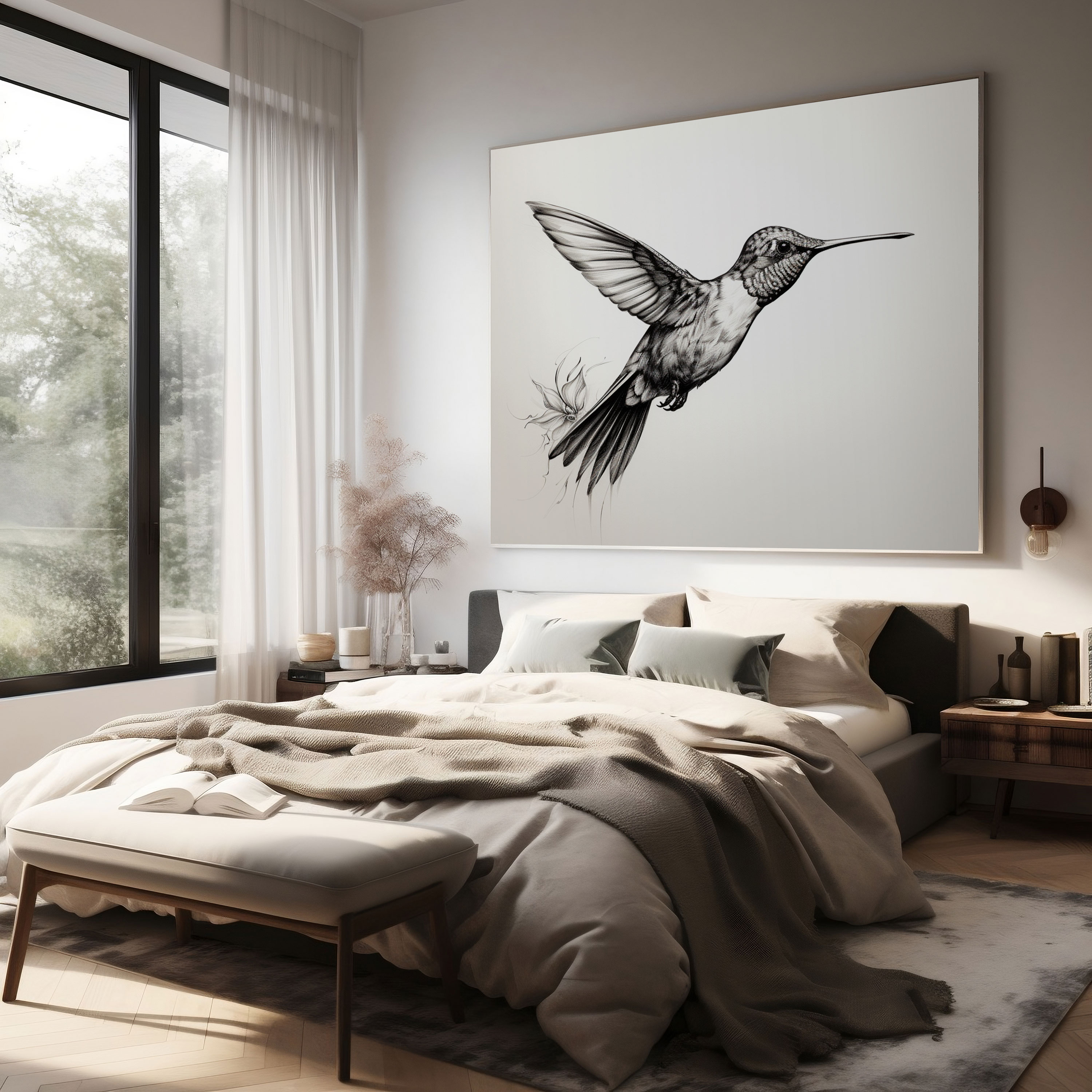 Minimal Hummingbird Sketch Canvas Print - Hummingbird, Black And White, Wall Decoration, Hummingbird