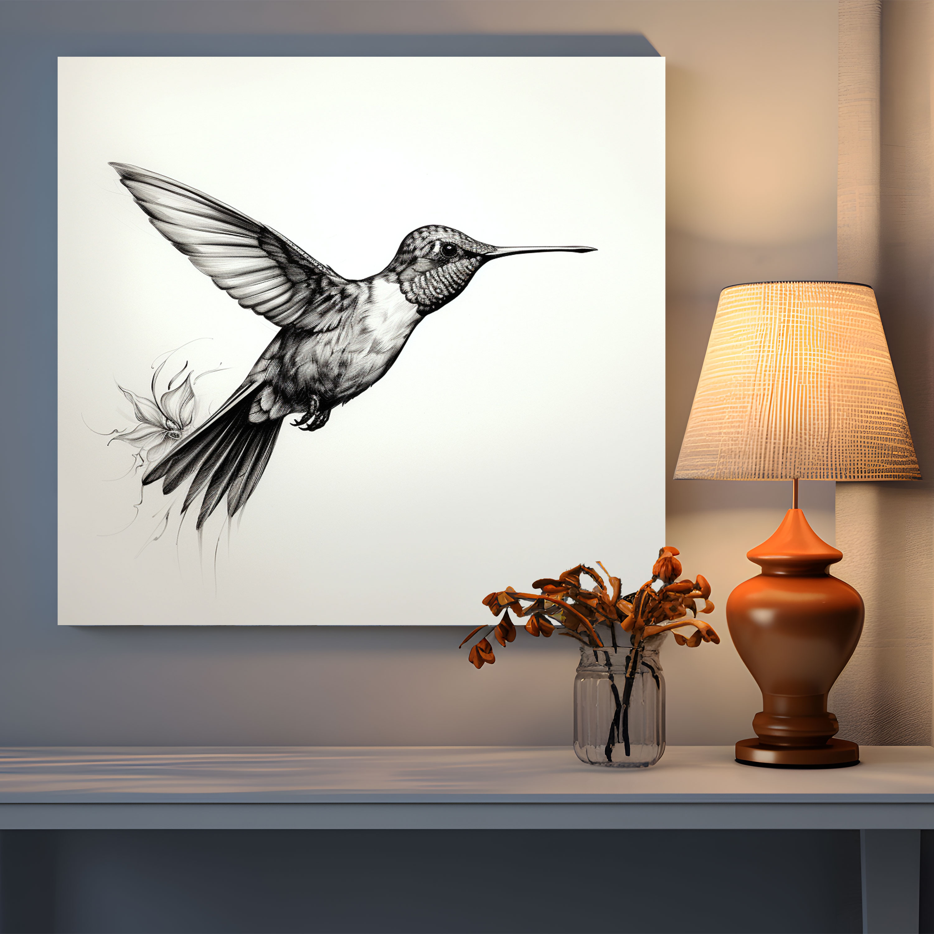 Minimal Hummingbird Sketch Canvas Print - Hummingbird, Black And White, Wall Decoration, Hummingbird