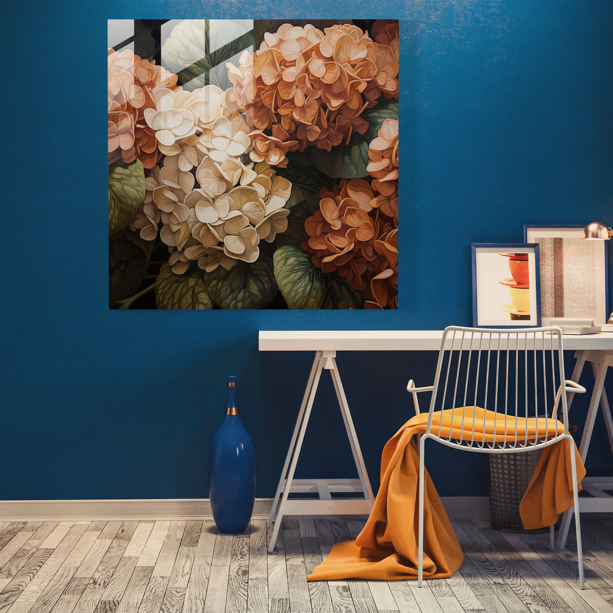 Hydrangea Oil Painting Glass Print - Hydrangea, Wall Decoration, Oil Painting, Realistic