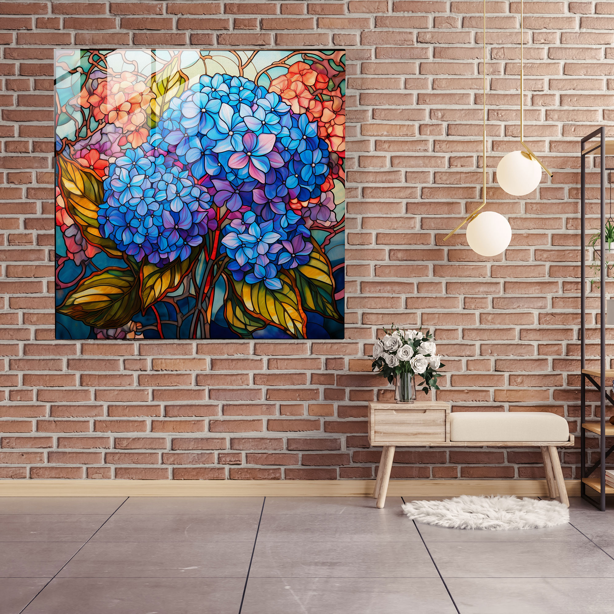 Hydrangea Stained Glass Glass Print - Hydrangea, Stained Glass Representation, Glass Wall Art, Modern Art