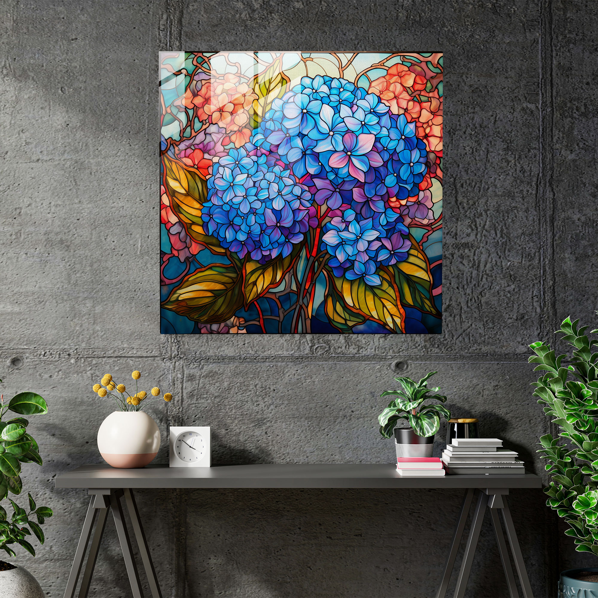 Hydrangea Stained Glass Glass Print - Hydrangea, Stained Glass Representation, Glass Wall Art, Modern Art