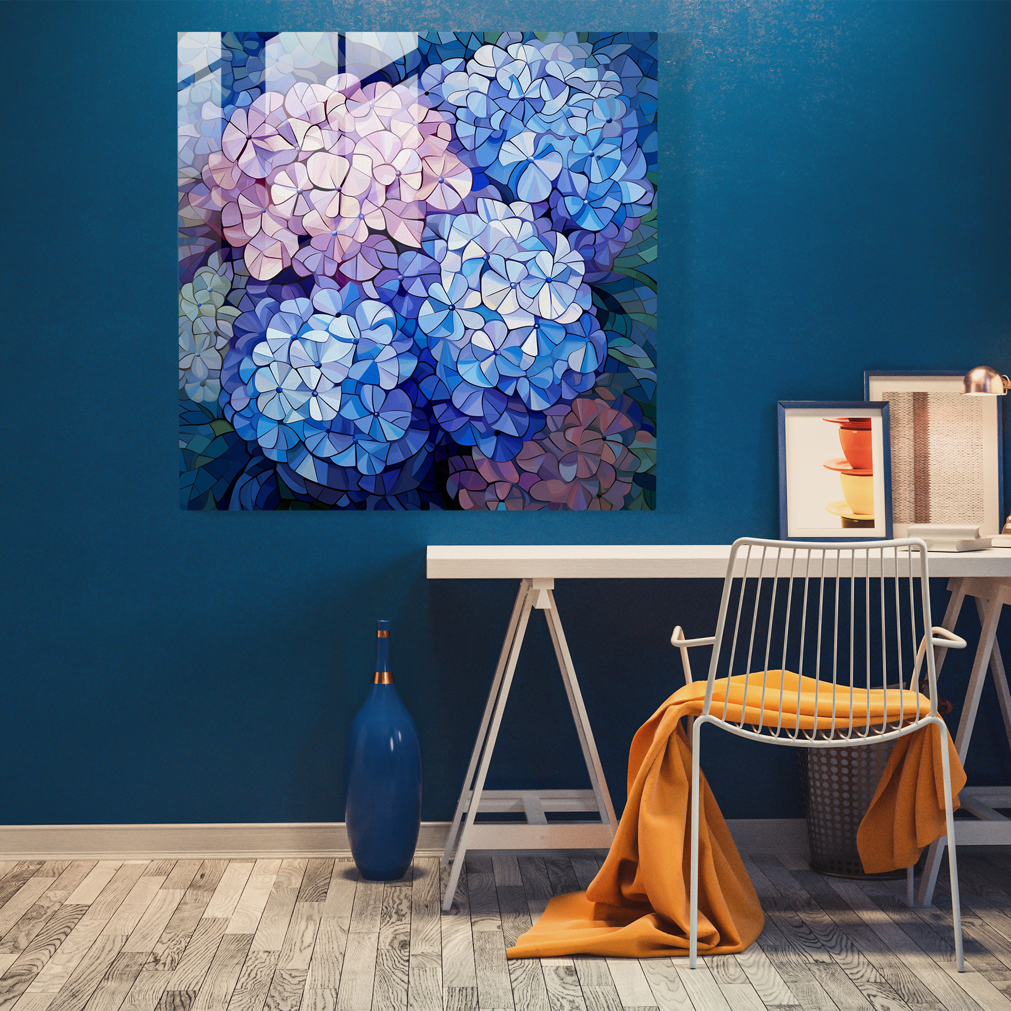 Hydrangea Mosaic Glass Print - Hydrangea, Hydrangea, Pixelated Composition, Glass Wall Art